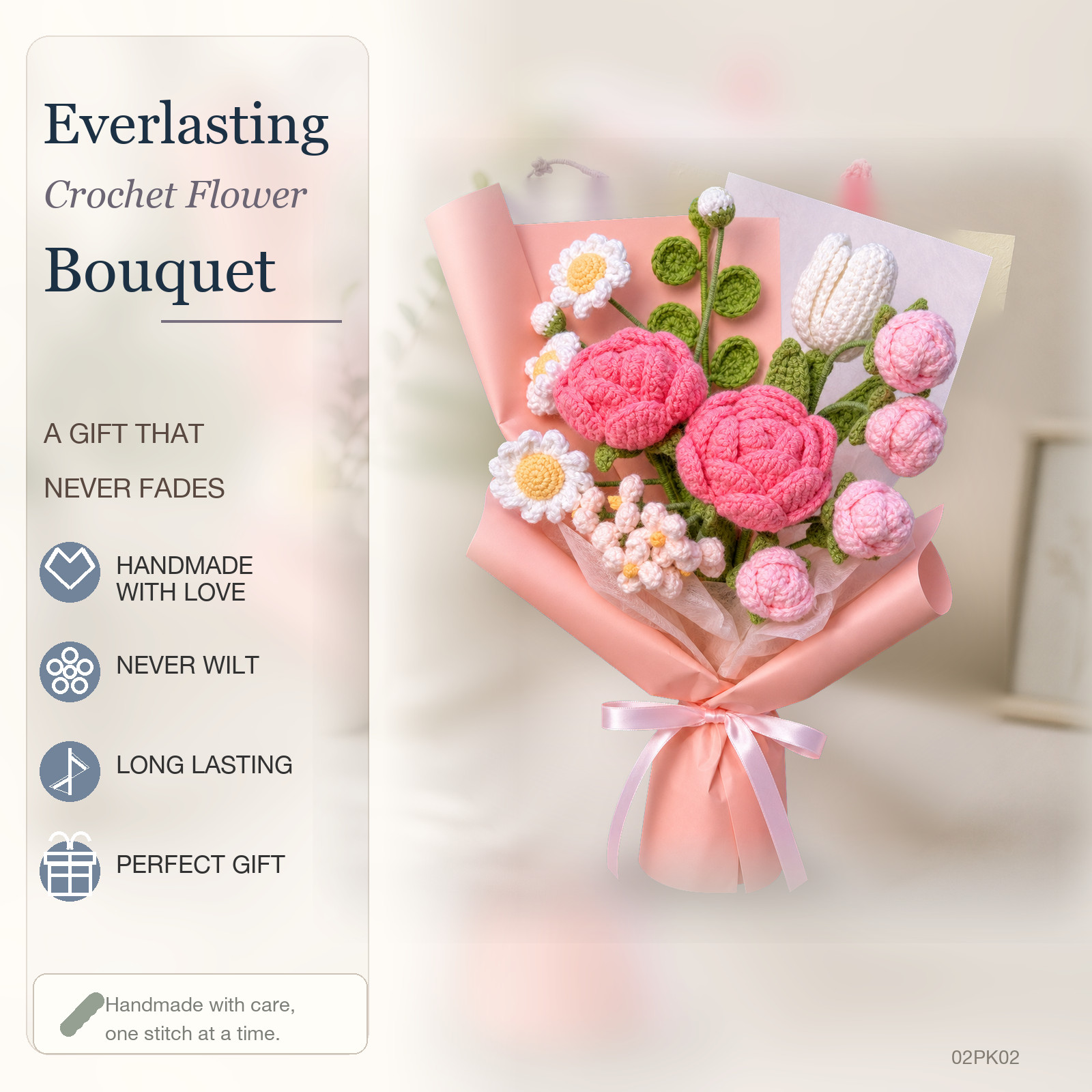 Pink Rose Tulip Crochet Bouquet Bridal Shower Anniversary Gift