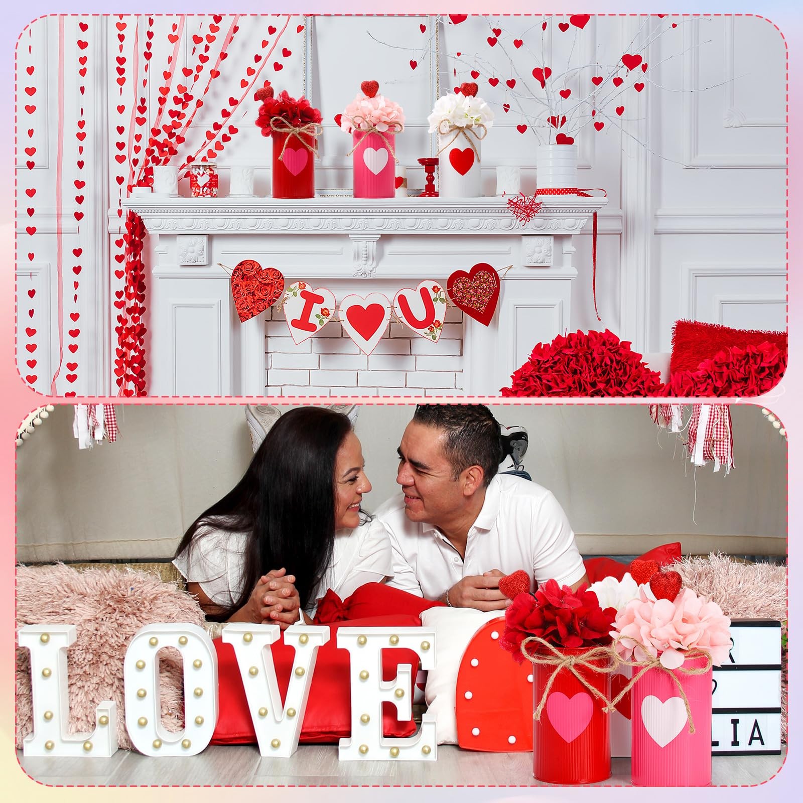 3 Sets Valentine Decoration Table Centerpiece Silk Flower Heart Metal Vase