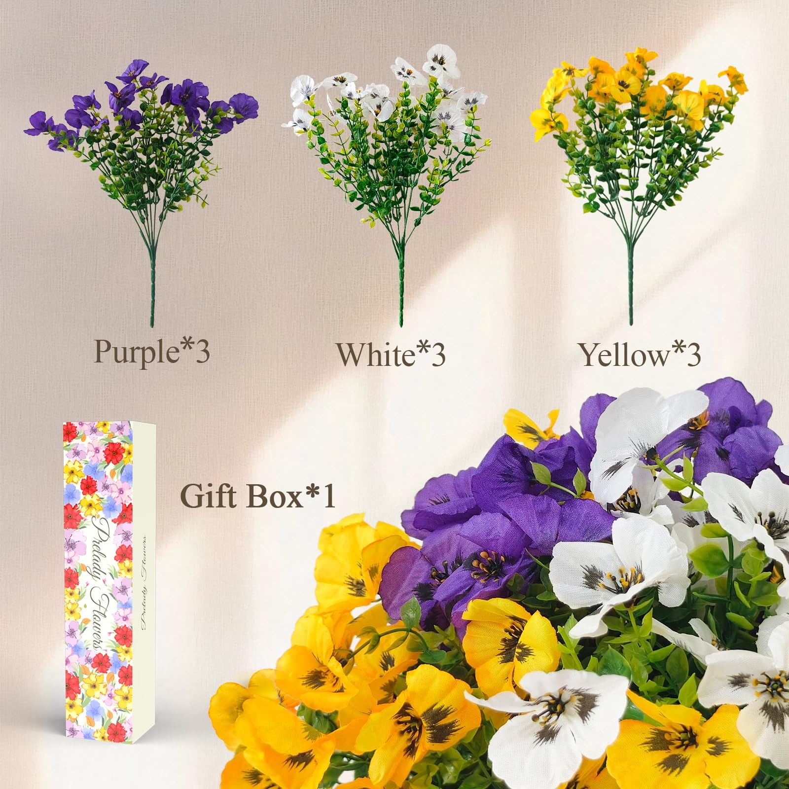 9 Artificial Pansy Flowers for Outdoors with Gift Box – UV-Resistant Fake Sil…