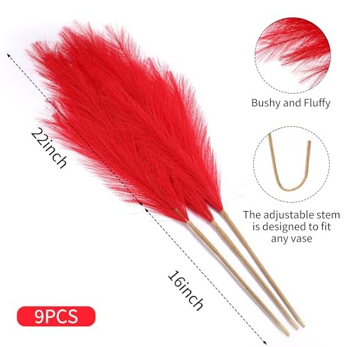 9 Stems Pampas Grass – 38 Inch Tall Fluffy Faux Pampas Grass Decor, Long Red