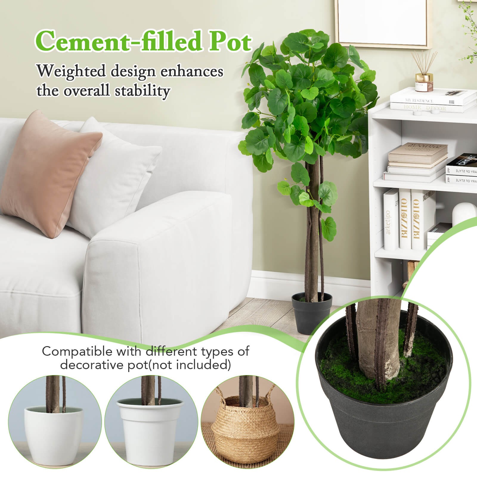 44″ Artificial Crabapple Tree w/ Real Wood Trunk Adjustable Branches Faux Grass