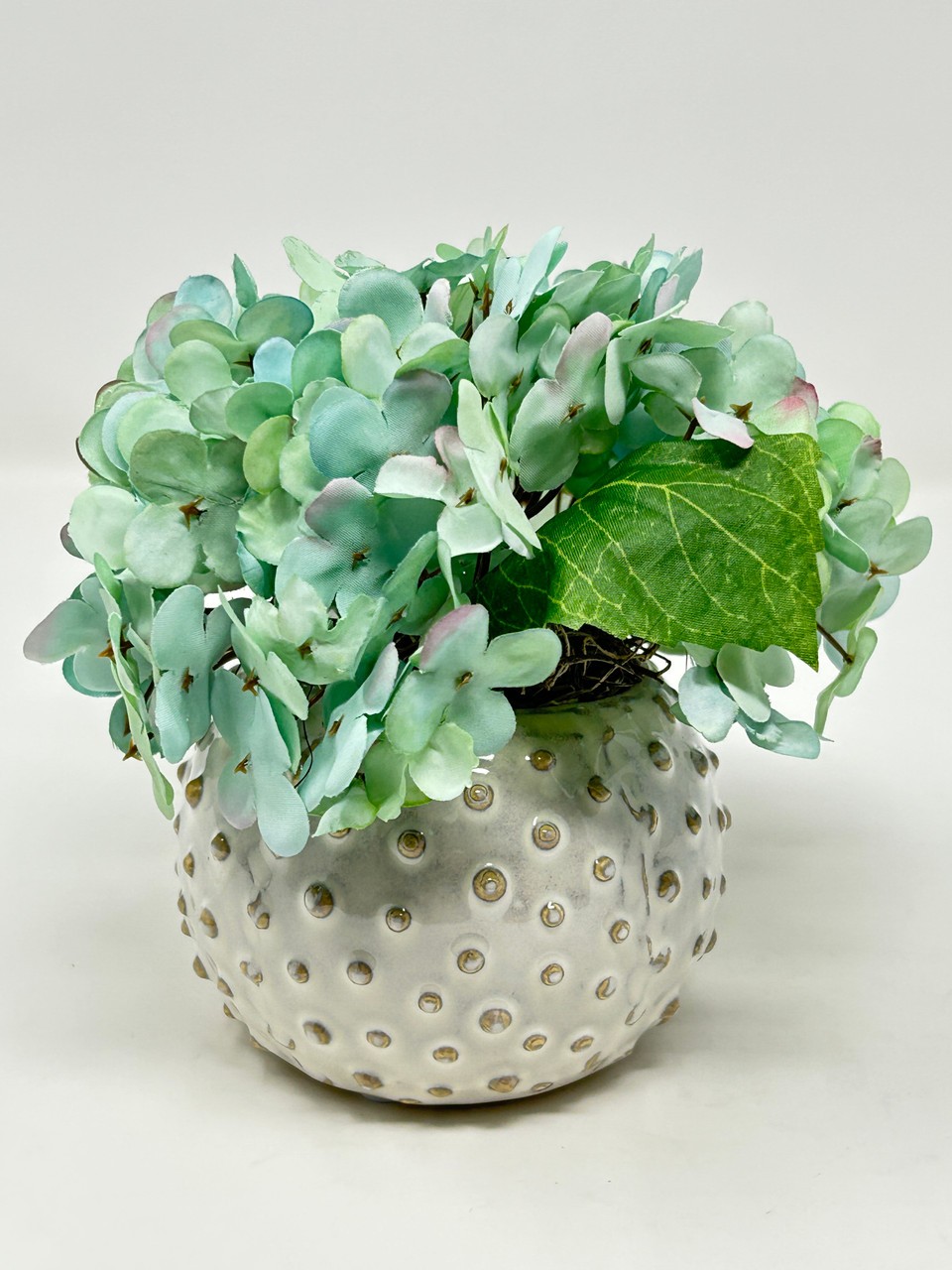 Mini 5.5″ Artificial BLUE-GREEN HYDRANGEA faux Silk flower potted in Cream Dot C