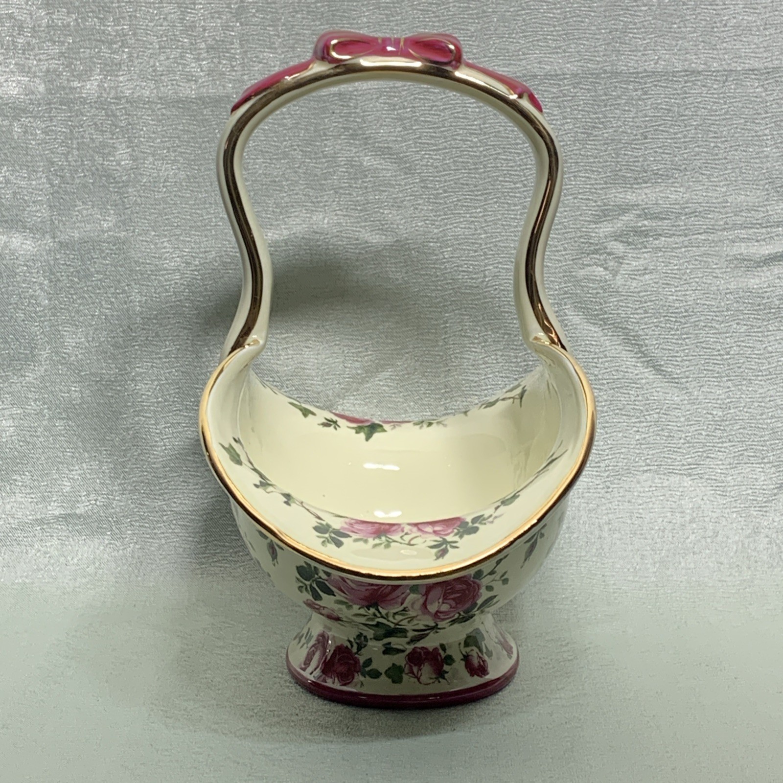 Beautiful Floral Pink Rose And Gold Trimmed Porcelain Basket 11” X 11”X6”