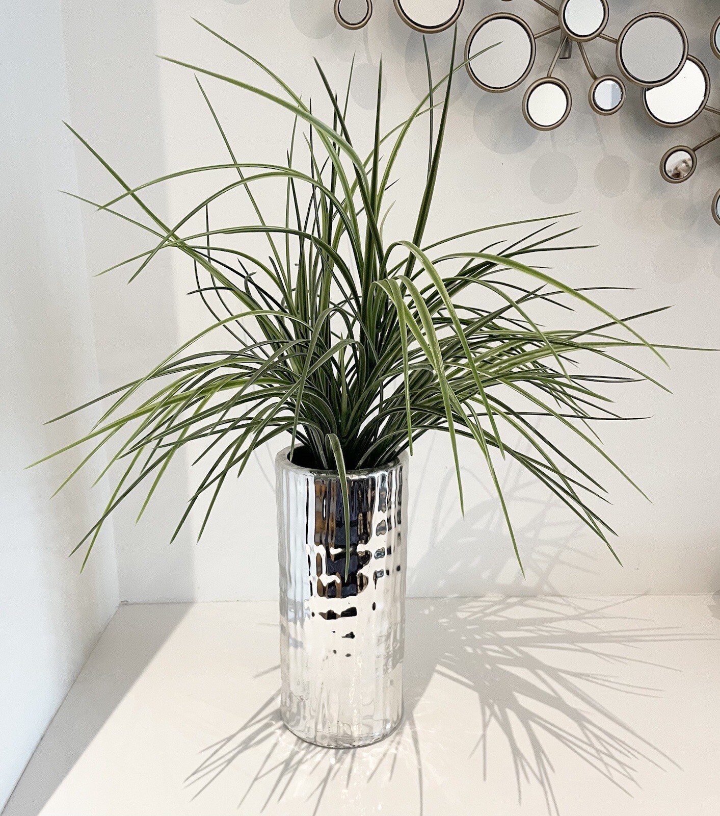 Artifical Plant with Silver Ceramic Vase – 19 3/4” tall by 16 3/4” widest part