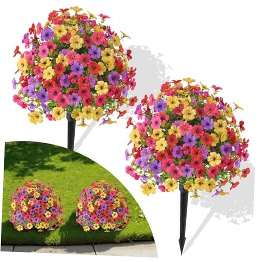 Pcs0″ Artificial Topiary Ball Flowers, UV Resistant 2 Red Yellow Rose Purple