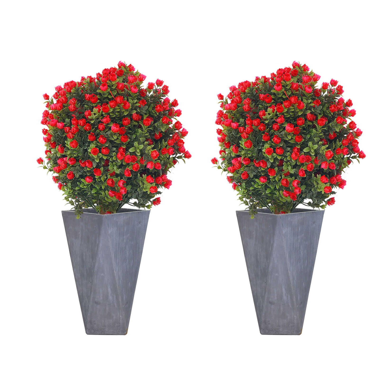 2* Artificial Boxwood Topiary Ball Trees Set with Red Flowers for Indoor/Outdoor