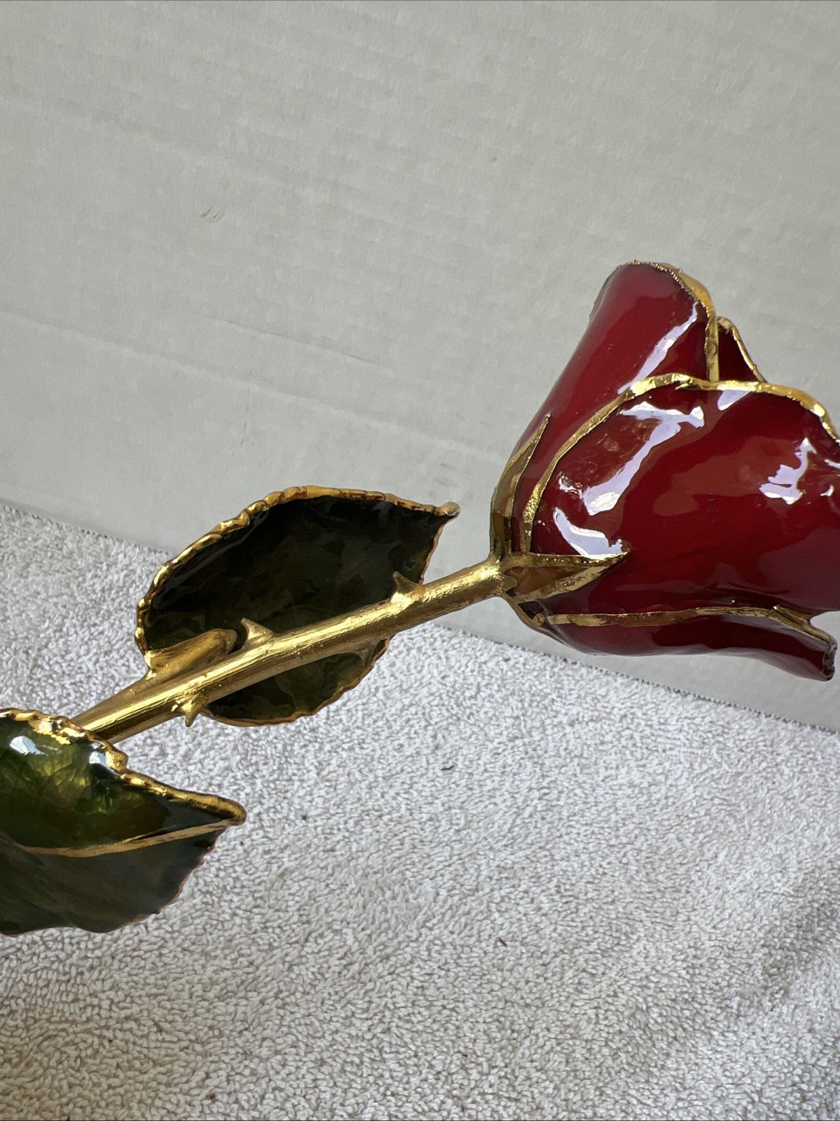 Handcrafted Preserved Red Rose Gloss Laquered With 24K Gold Plated Trimmed
