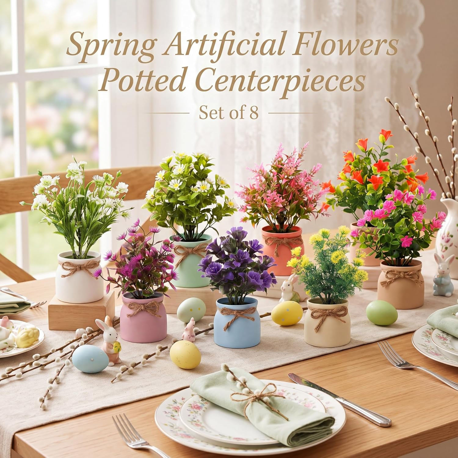Large Summer Faux Flower Centerpieces in Macaron Pots – 8 Pcs Decor