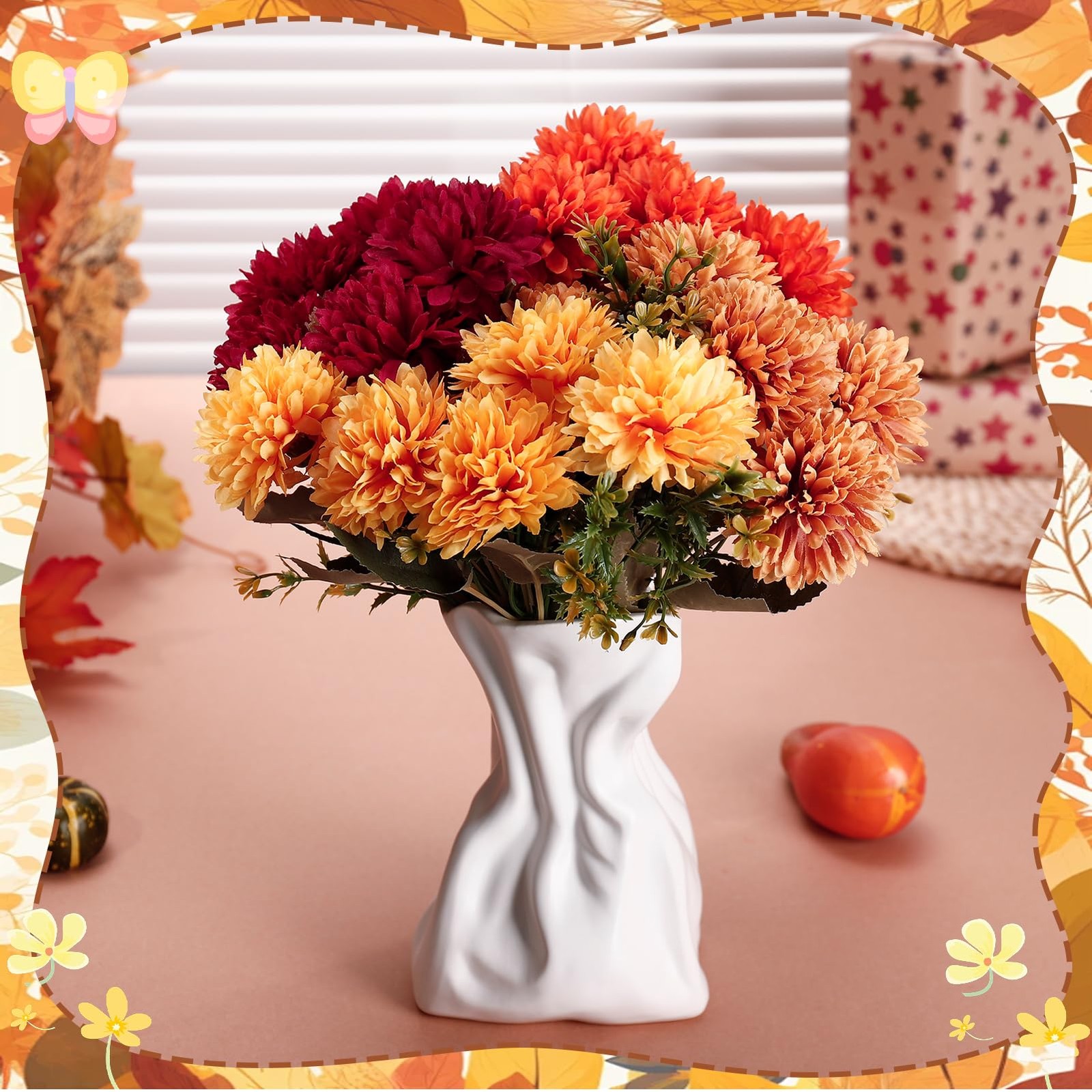 Ovveroche Artificial Flowers Decoration – 12 Bundles Faux Silk Mums UV Resist…