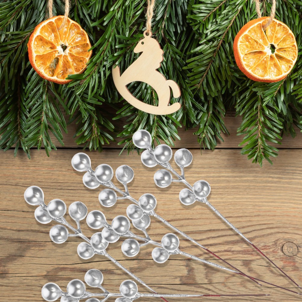 30Pcs Silver Artificial Berry Stems Reusable Christmas Decoration DIY Picks