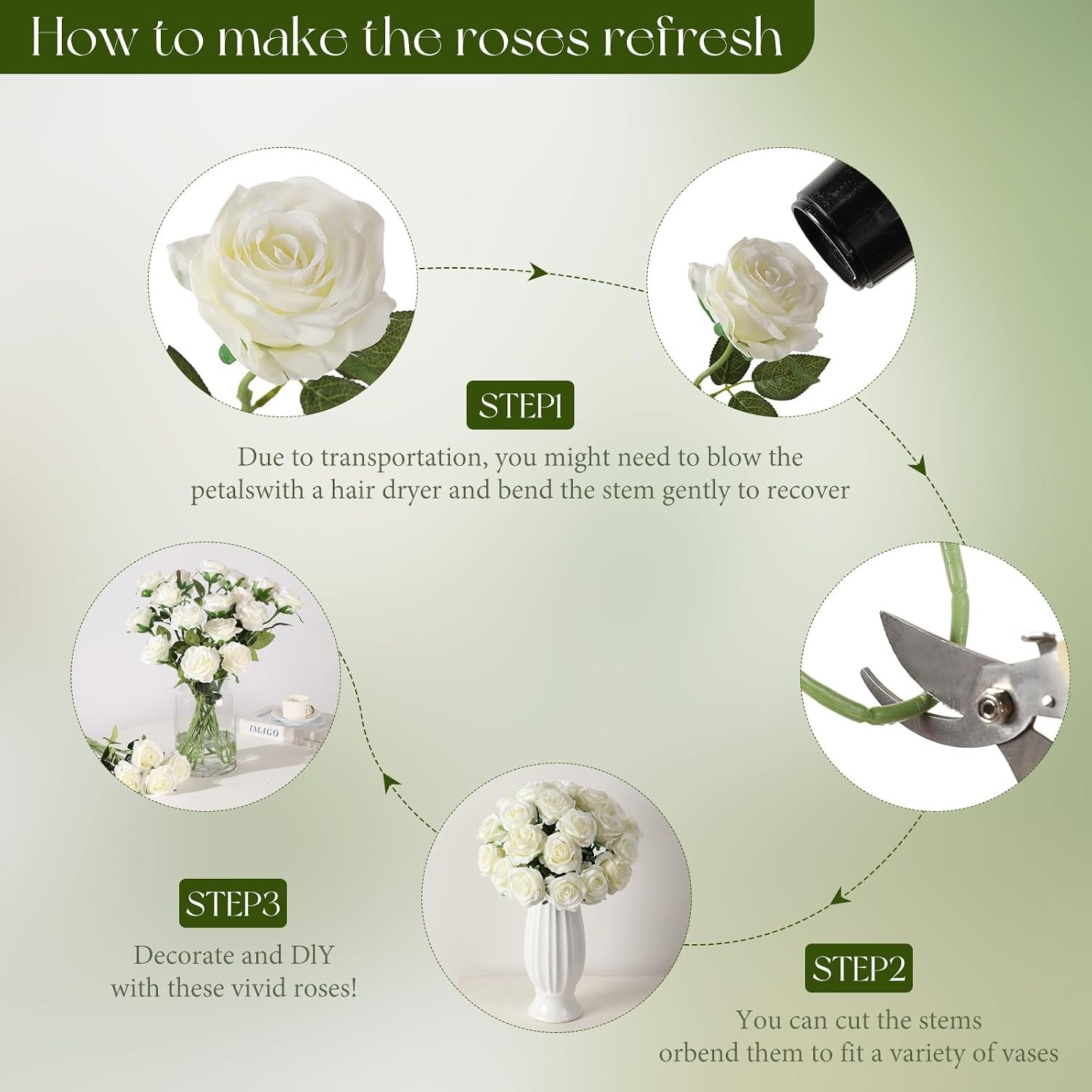 12 Pcs White Roses Long Stem, Artificial Silk Bouquet Wedding DIY