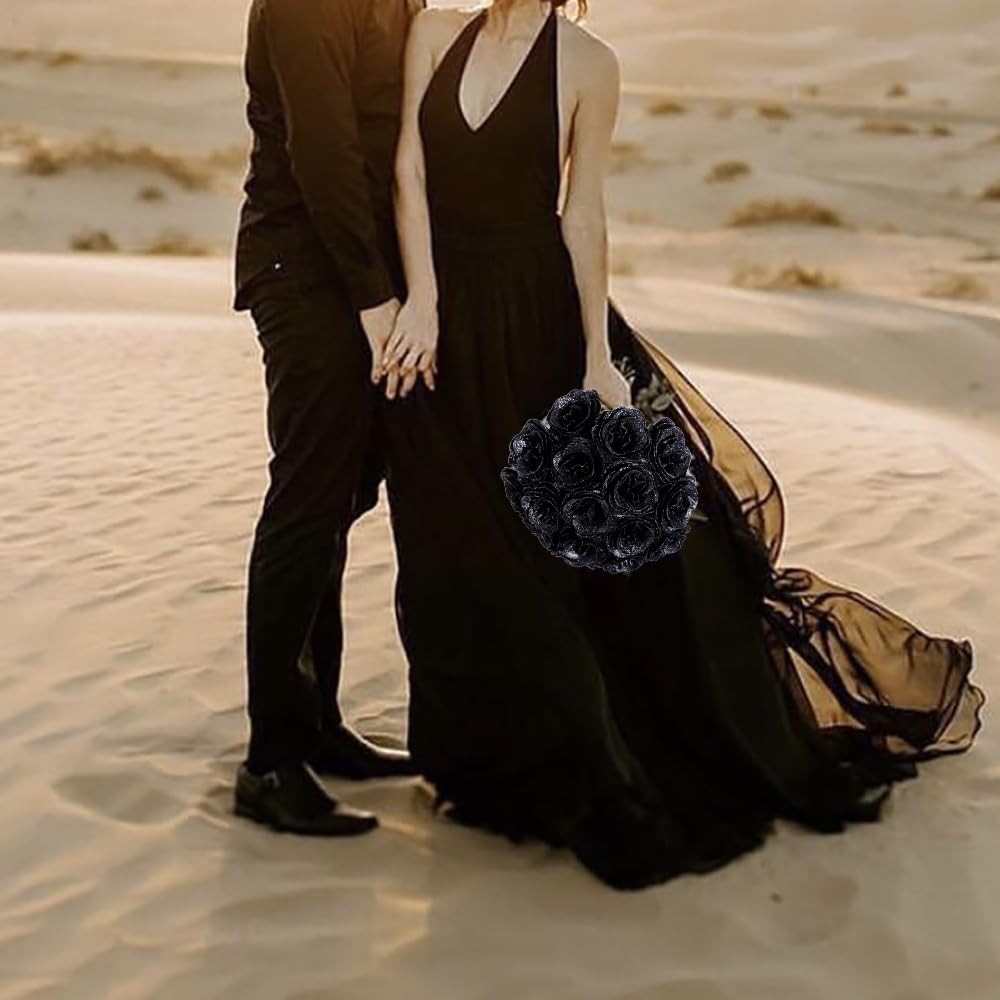 30 PCS Black Glitter Silk Artificial Roses Fake Flowers Wedding Party Decor