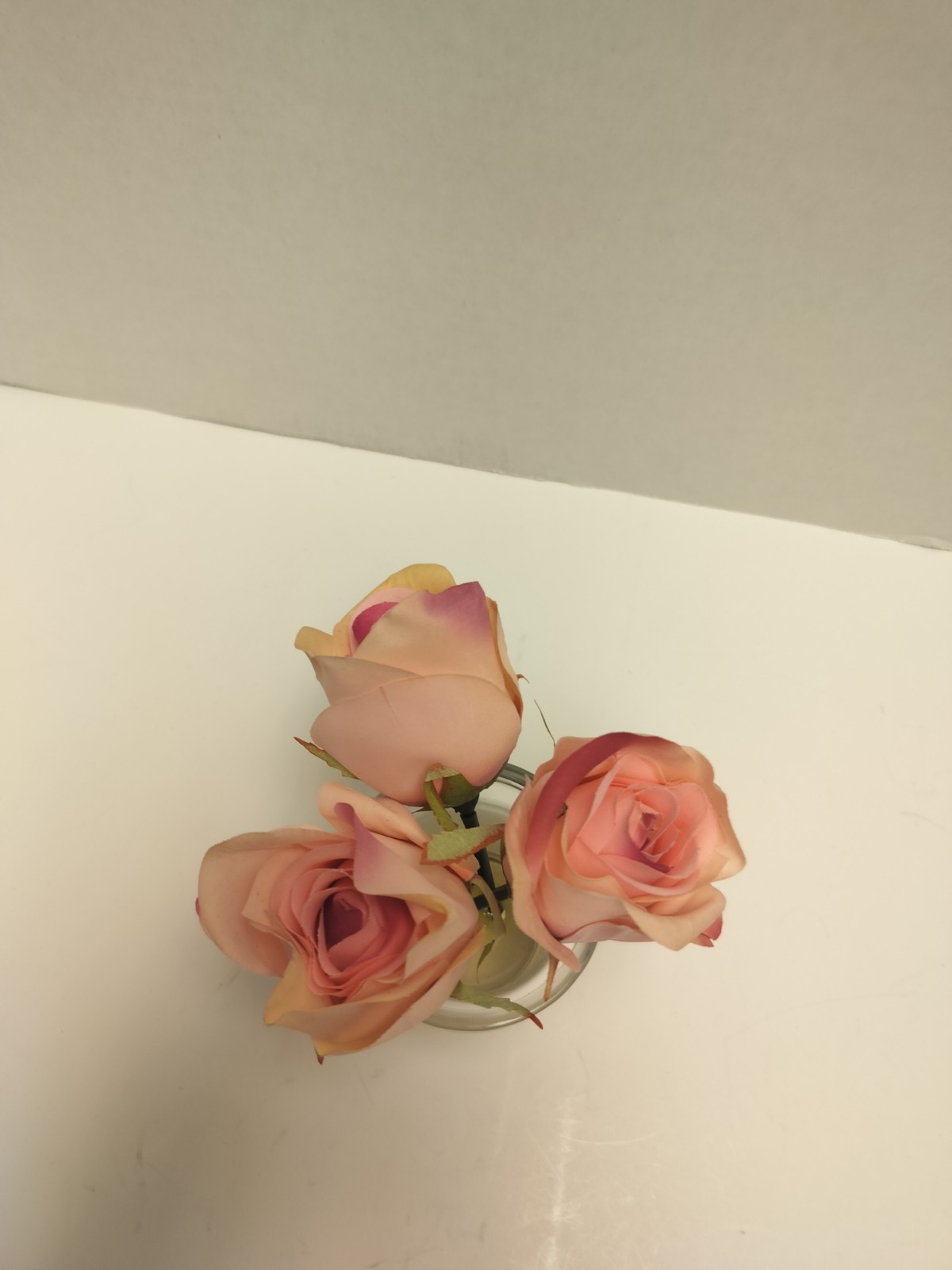 Vintage Artificial Pink Rose Flower in Clear Vase with Faux Water Decoration