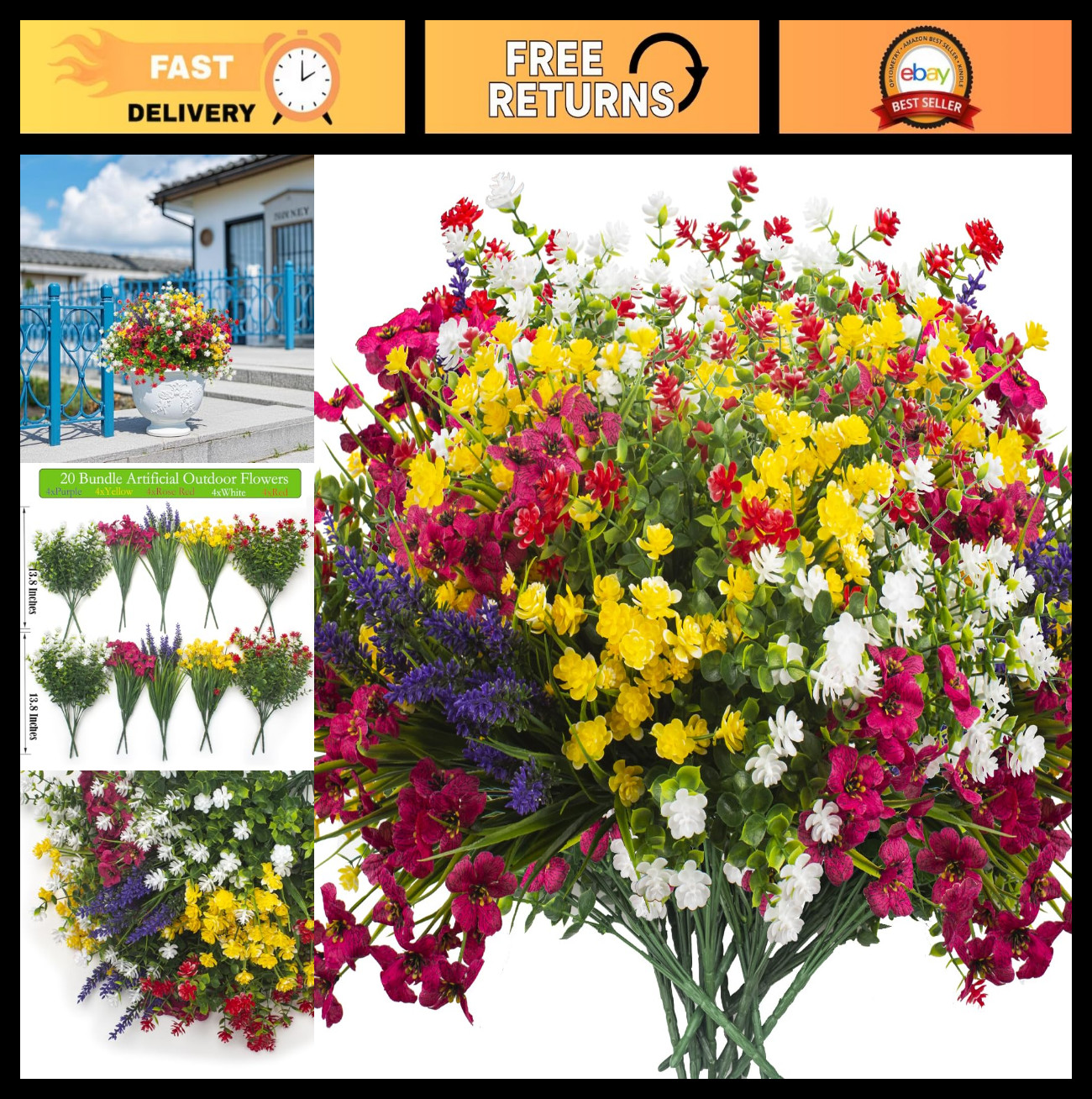20 Bundles UV Resistant Artificial Flowers – Faux Plastic Plants for Home, Porch