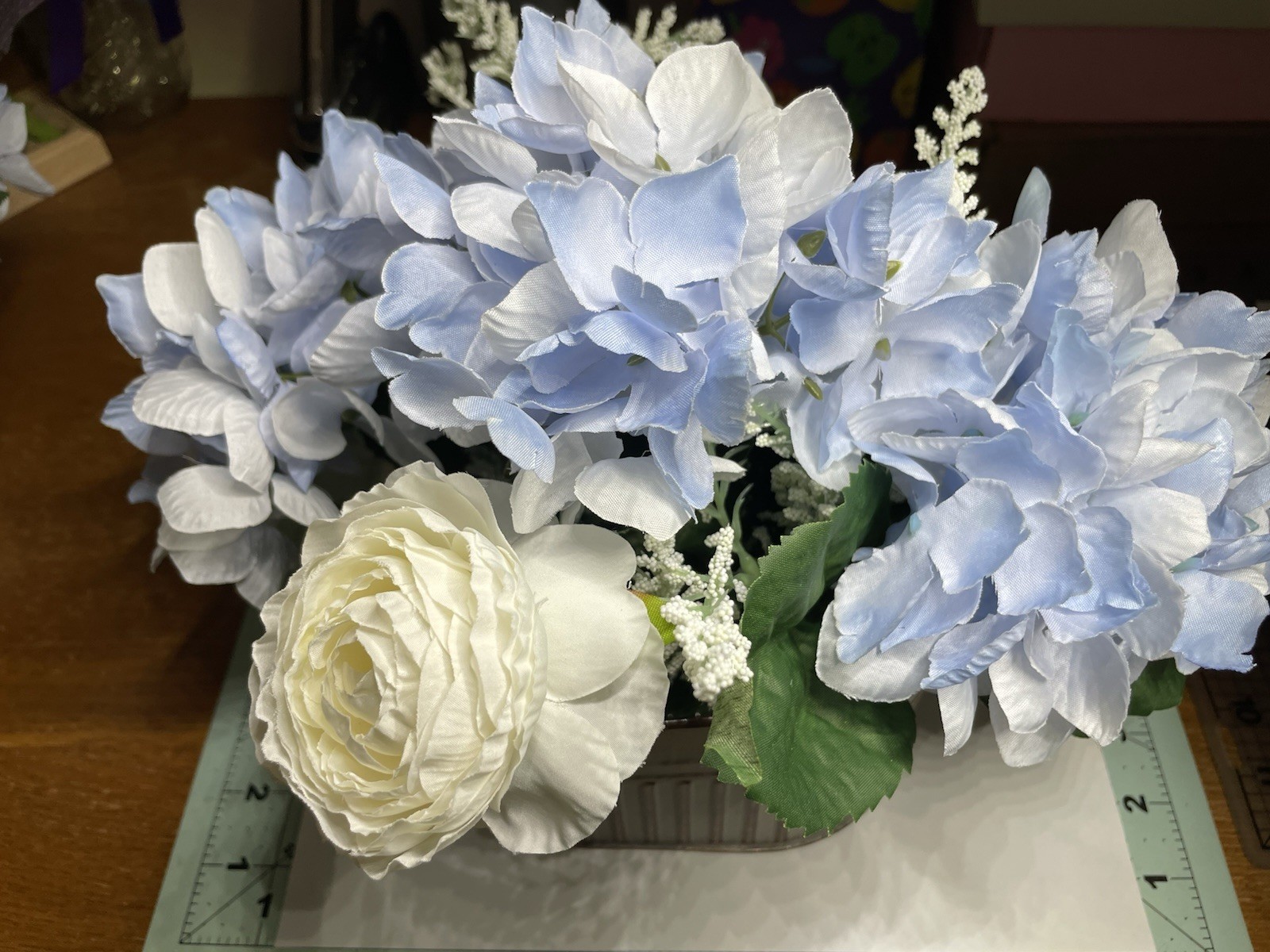 9 1/2 In Faux Blue Hydrangea & White Rose (2 vases) Reg Price $20 Ea