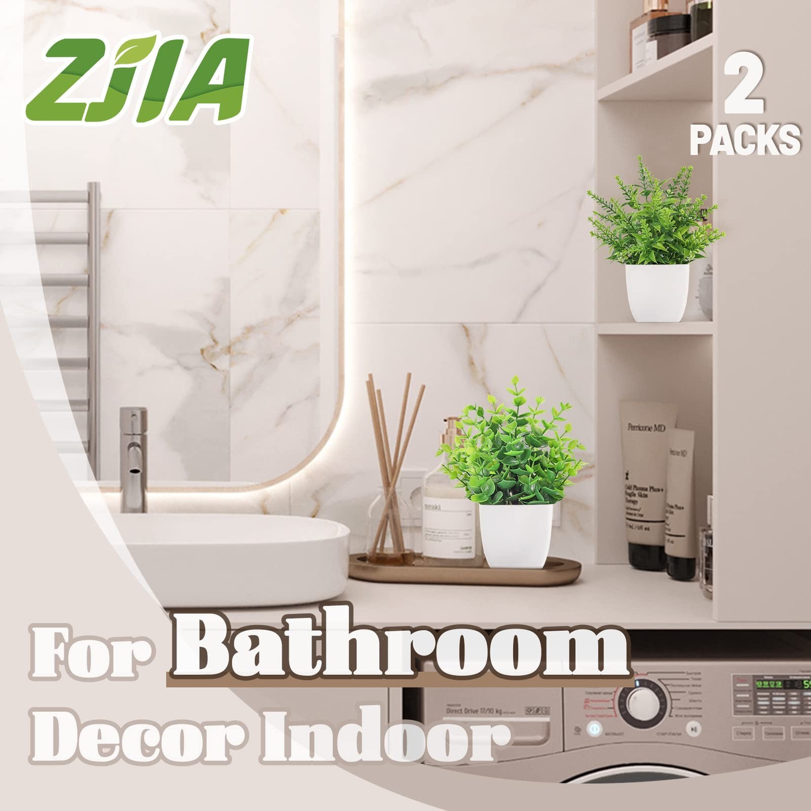 ZJIA 2 Pack Small Fake Plants in White Pots, Bathroom Shelf Decor Indoor