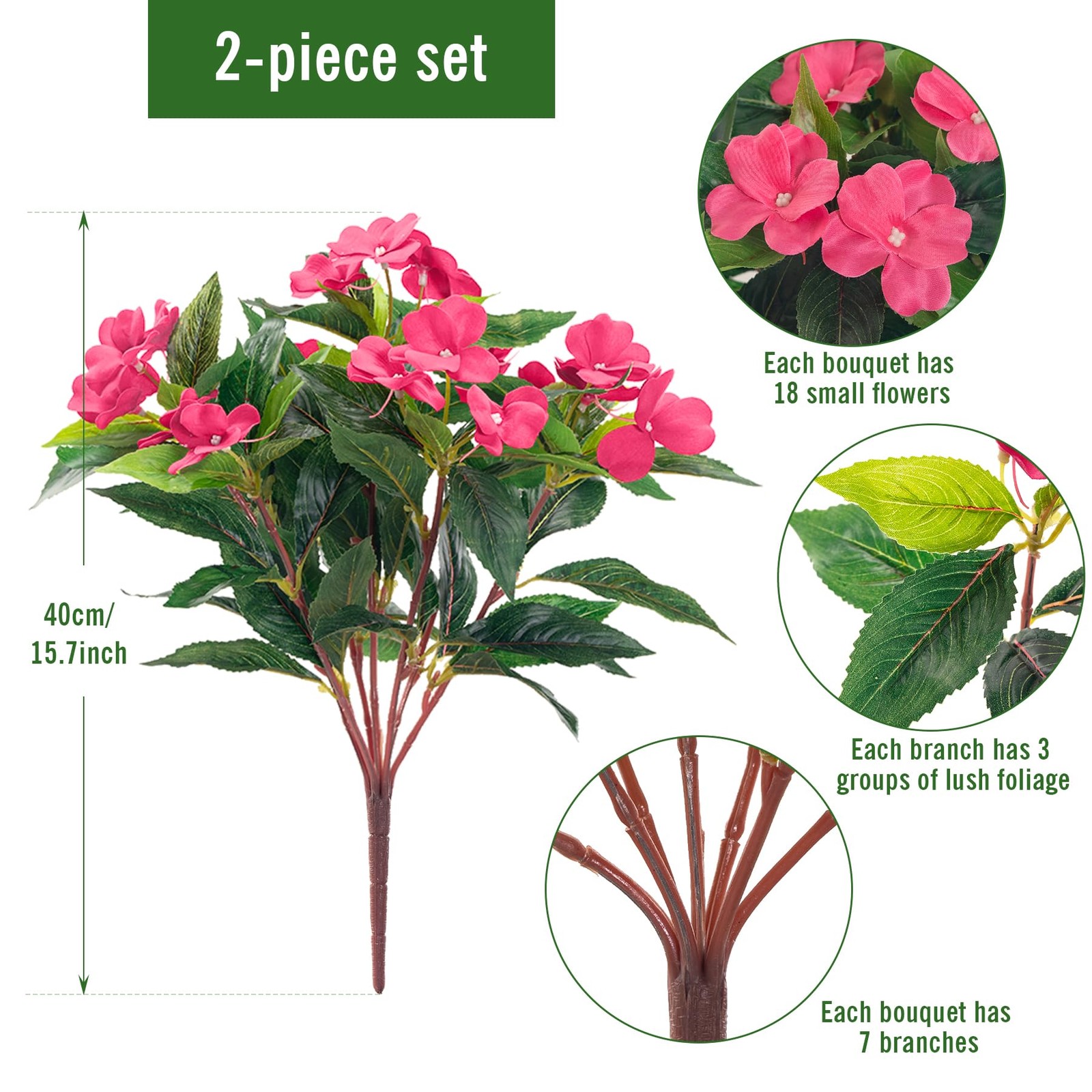 Faux Impatiens Bouquet, Silk Flowers for Outdoor Planters, Balcony Decor, Pink