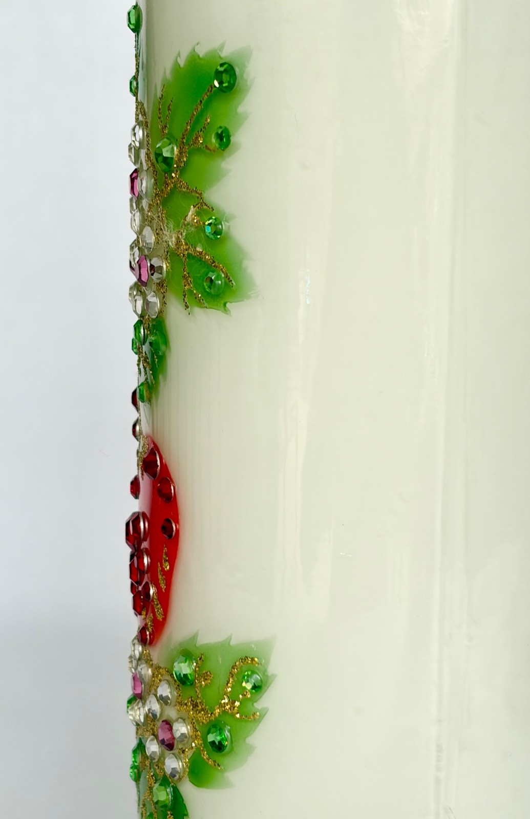 Vintage Candle Holder Glass Red Strawberry Leaf Applied Jewel Rhinestones 9”