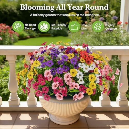 24 Bundles Lifelike UV Protected Artificial Flowers – No Fade Silk Plants for Ga