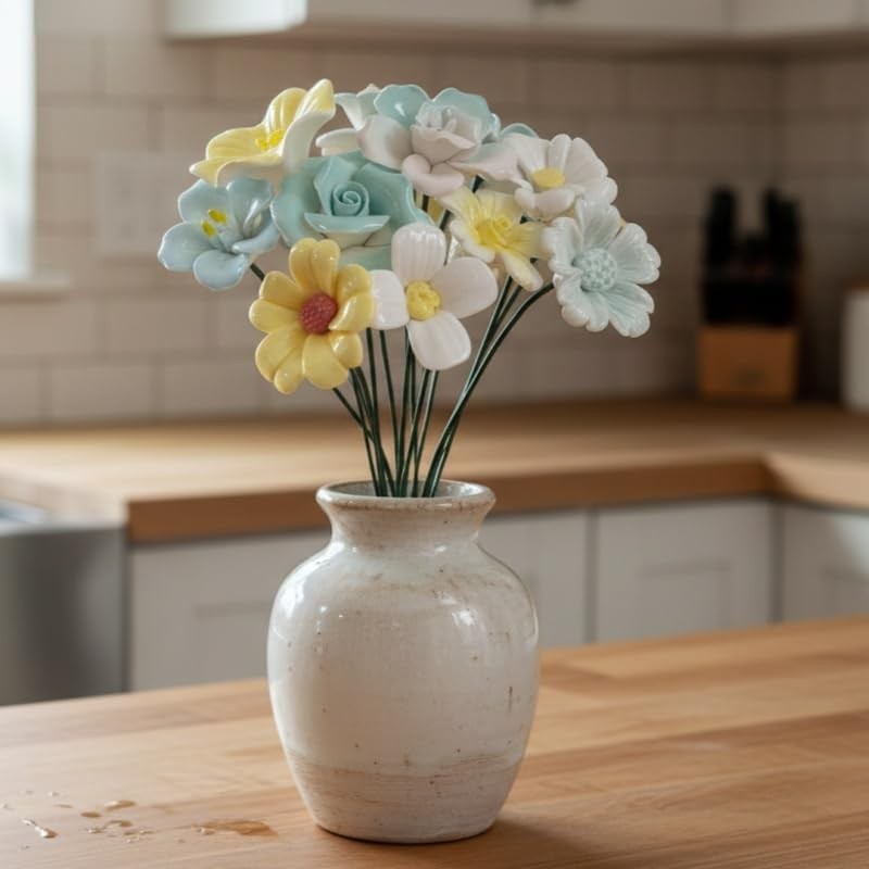 12 Pcs Handmade Ceramic Flowers Decor,Porcelain Flower Plant stakes for Outdo…