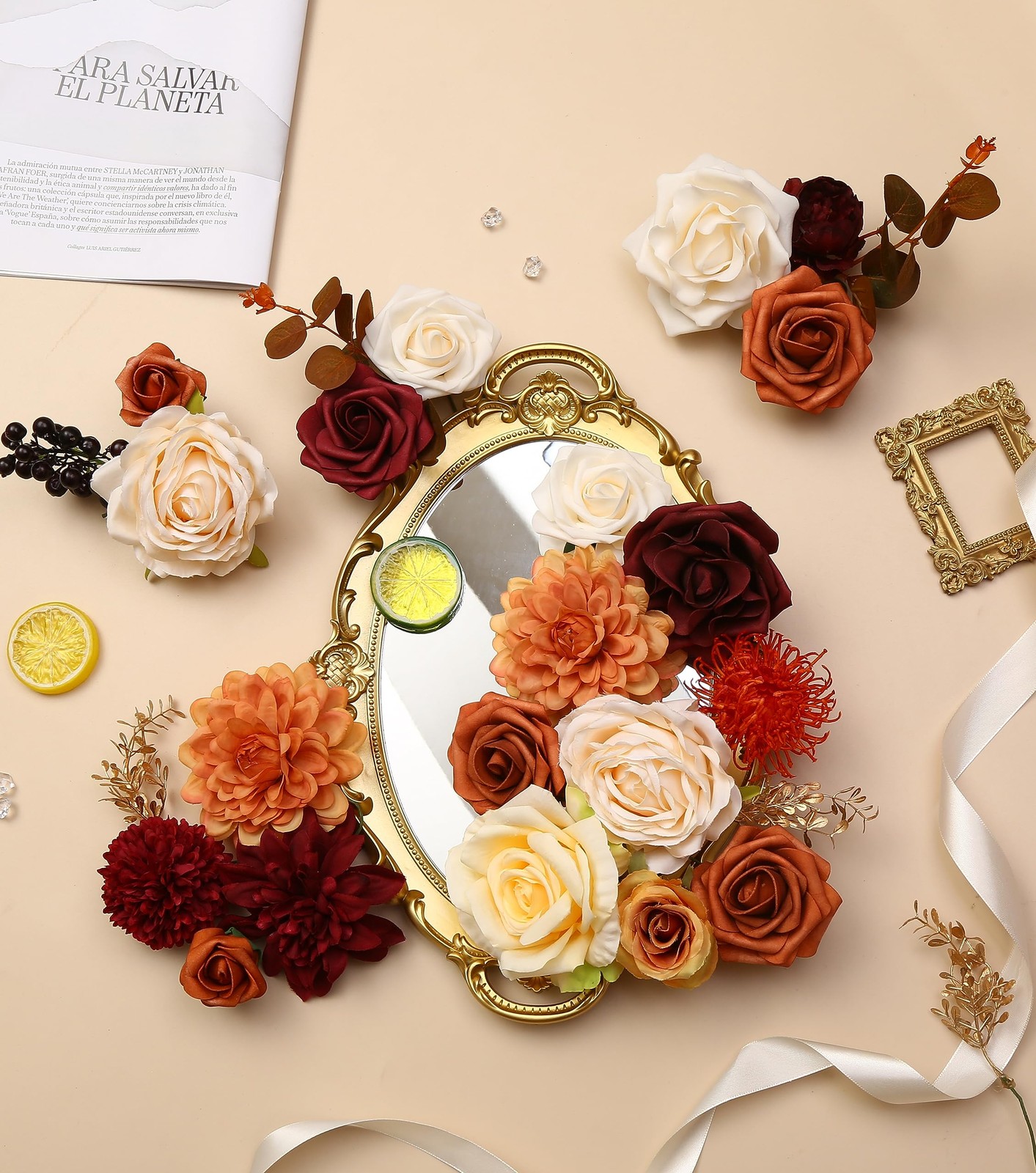 Artificial Flowers Combo Box DIY Wedding Bouquet Silk Faux Orange & Burgundy