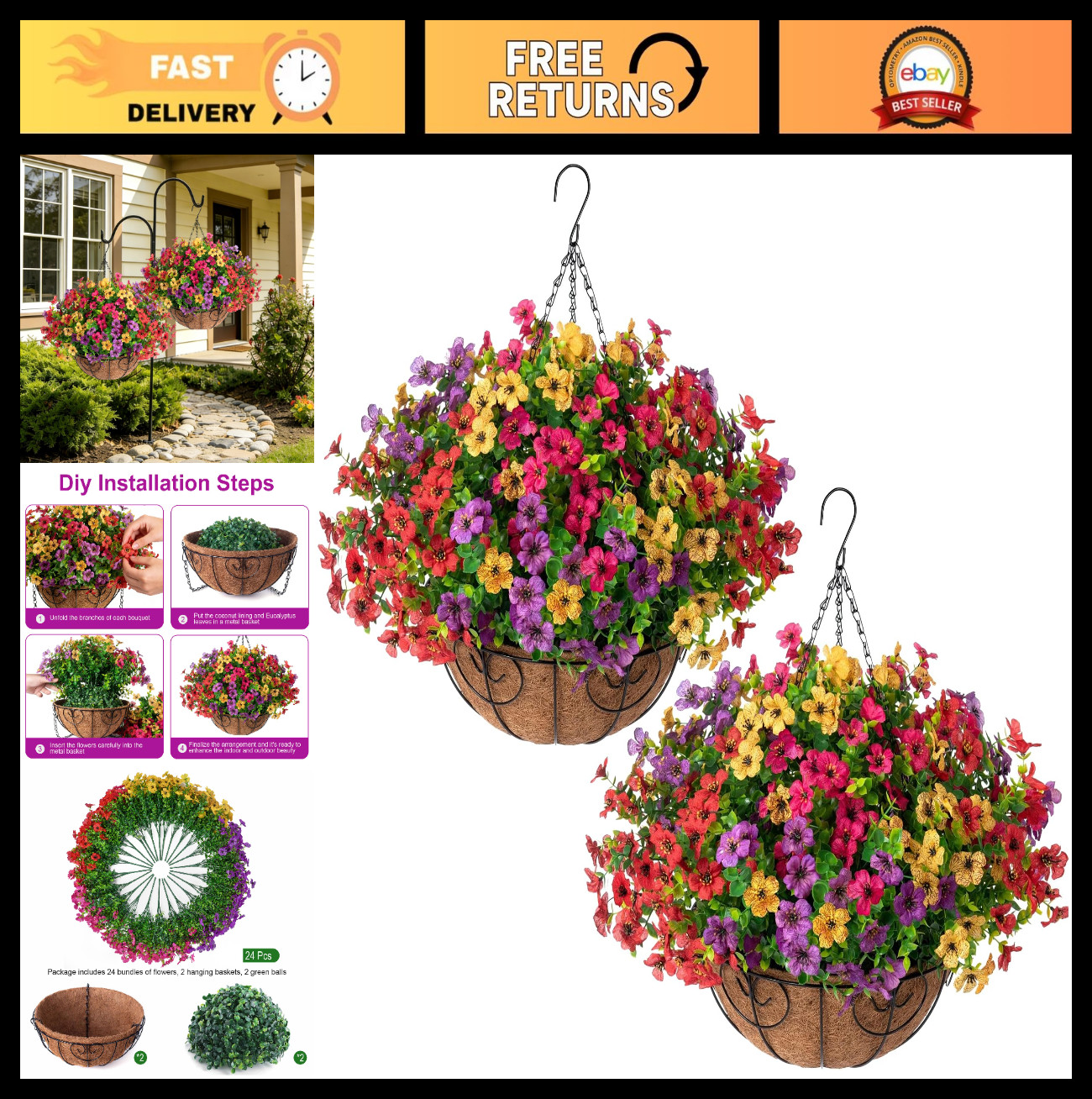 2 Set Faux Hanging Plants – UV Resistant Artificial Flowers for Outdoor Spring D
