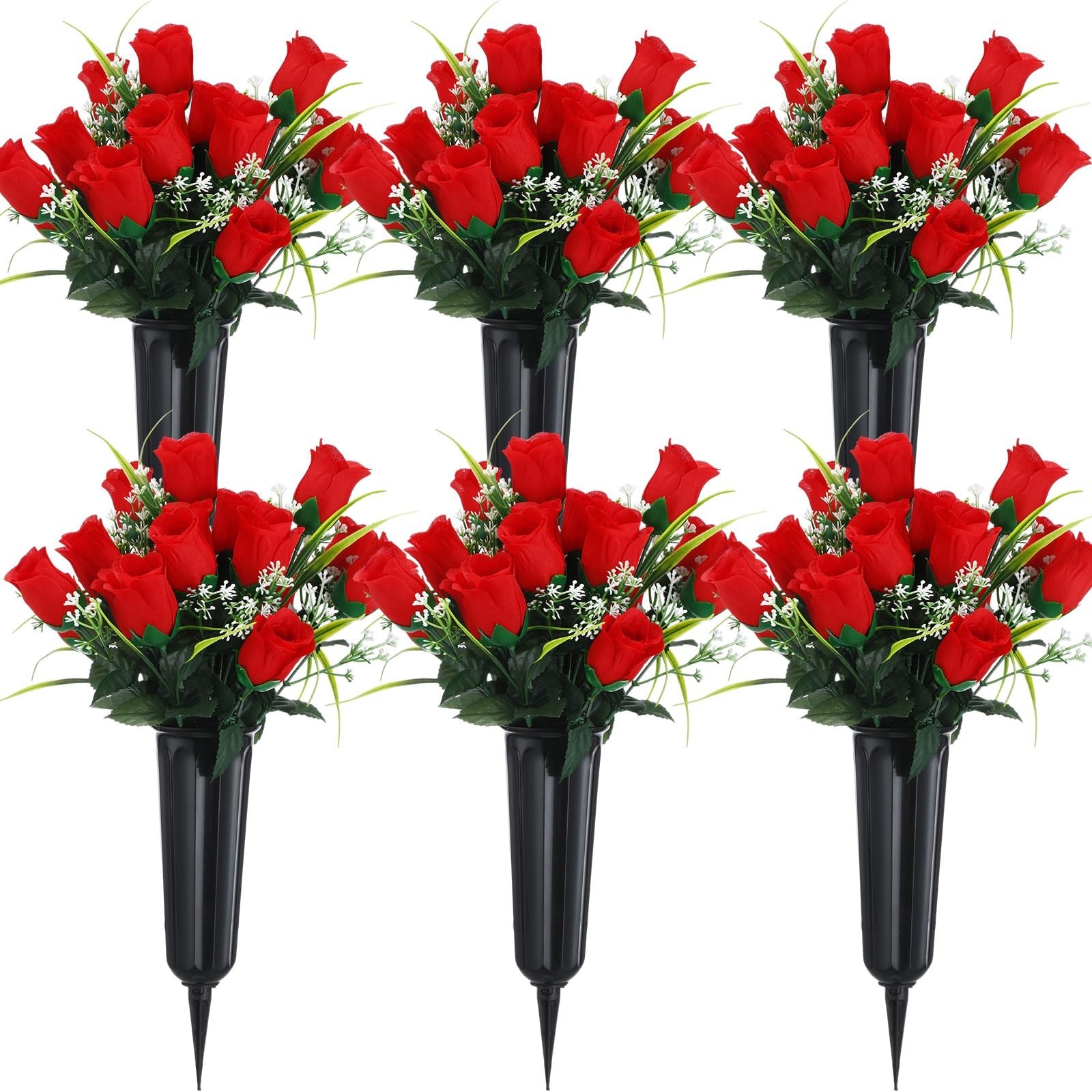 6 Sets Memorial Day Cemetery Flowers with Grave Vase – 12 Bunches Artificial Ros