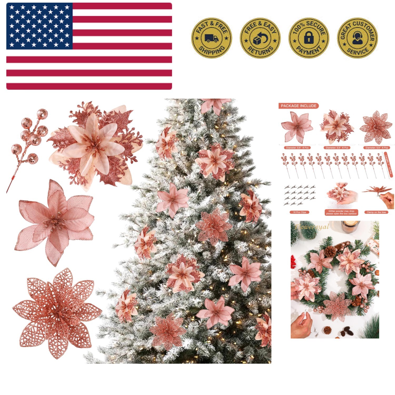 30pcs Poinsettia Artificial Christmas Flowers Decorations with Clips and Berr…