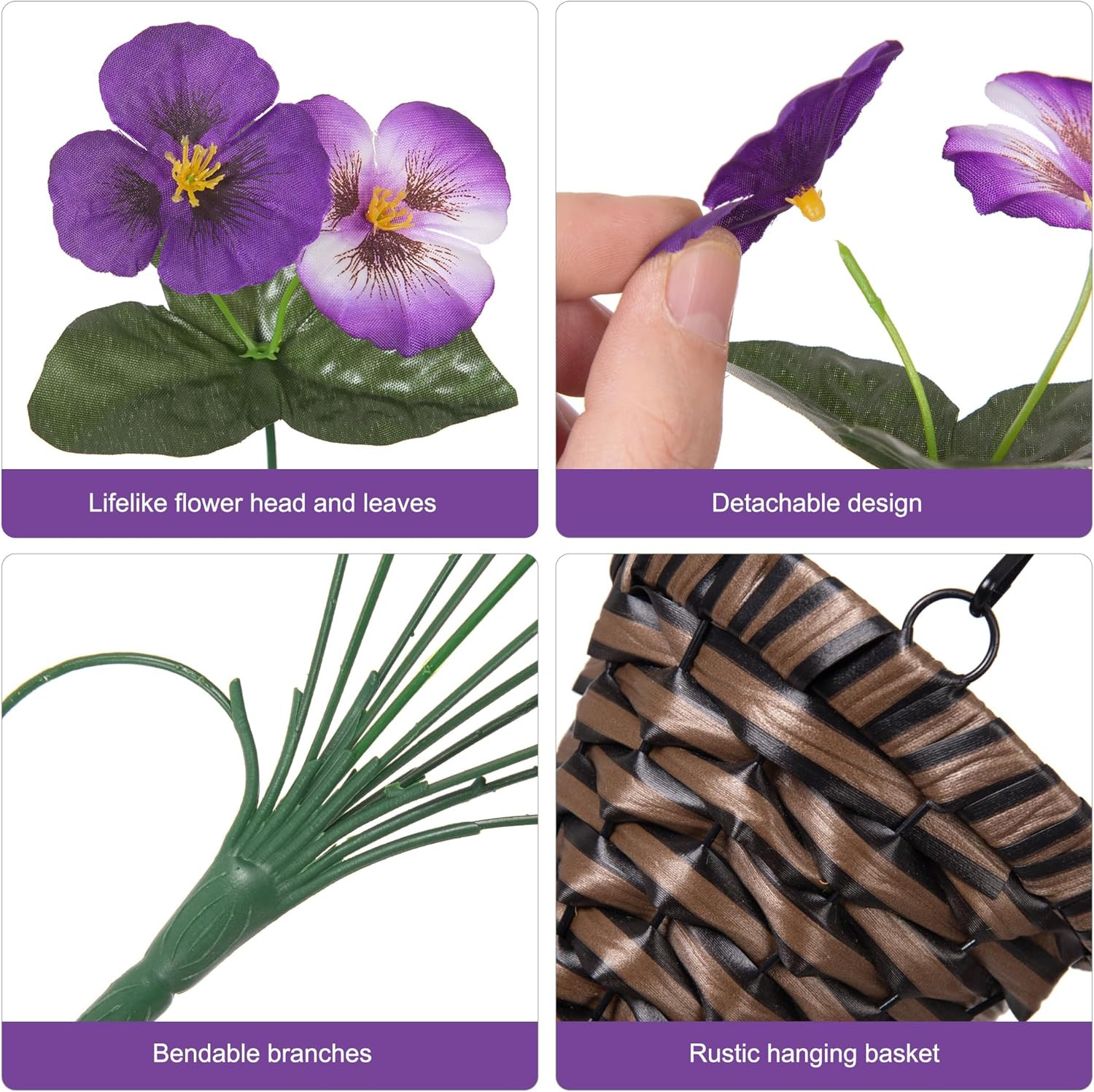4Pcs Artificial Flowers for Outdoors Fake Pansy with Hanging Basket UV Resistant