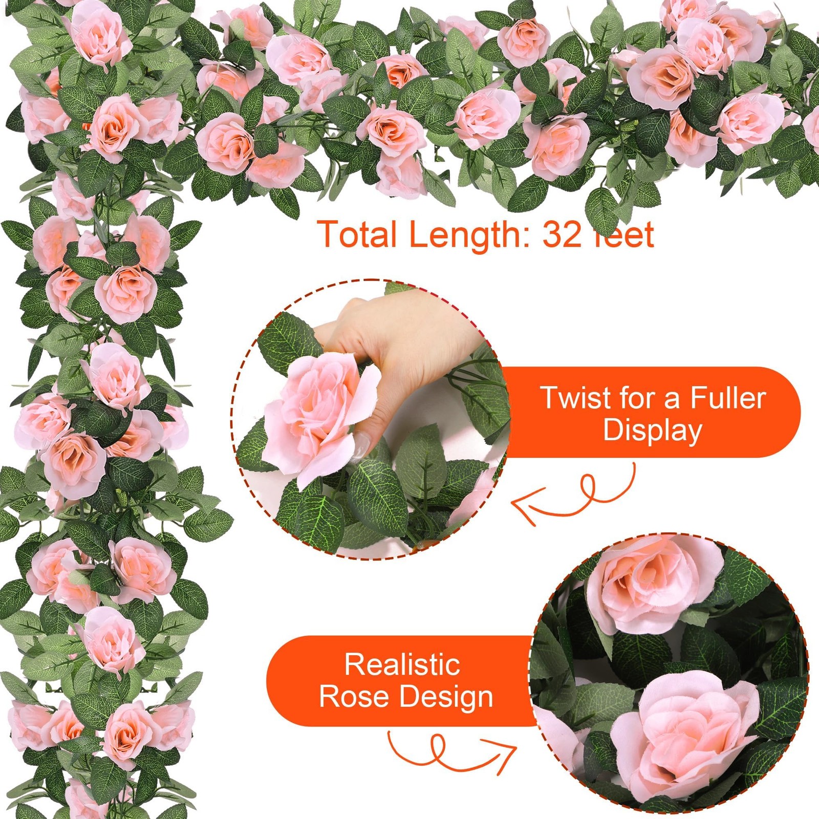 Aneco 4 Pack 32 FT Pink Flower Artificial Rose Vines Roses Fake Vine Flowers …