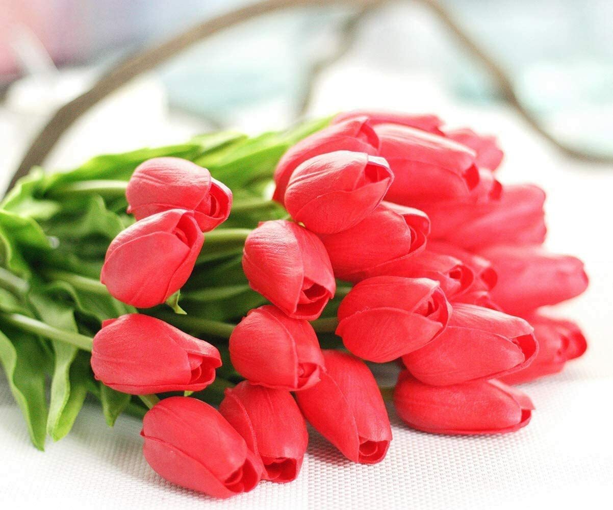 10 PACK Red Artificial Tulip Fake Flowers Real Touch For Wedding Home Decor US