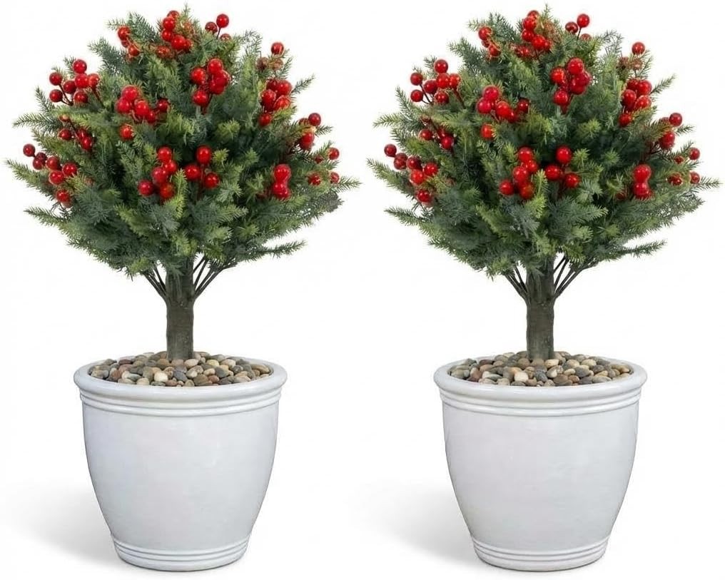 2Pcs 19.6” Artificial Topiary Trees Red Fruits Bushes with Ground Spike Outdoor