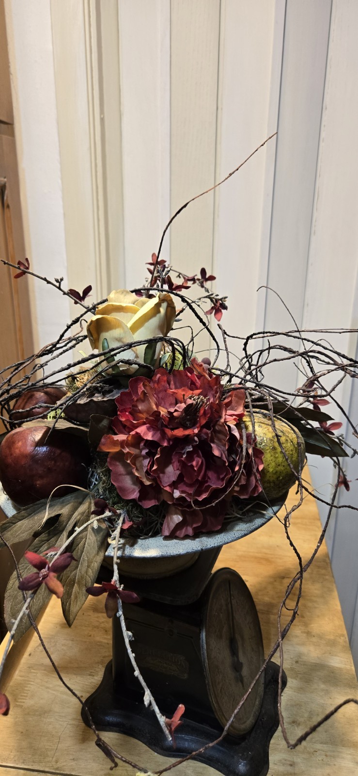Arrangement of Dried Fruits & Flowers Centerpiece Metal Compote 14WX14WX13″Tall