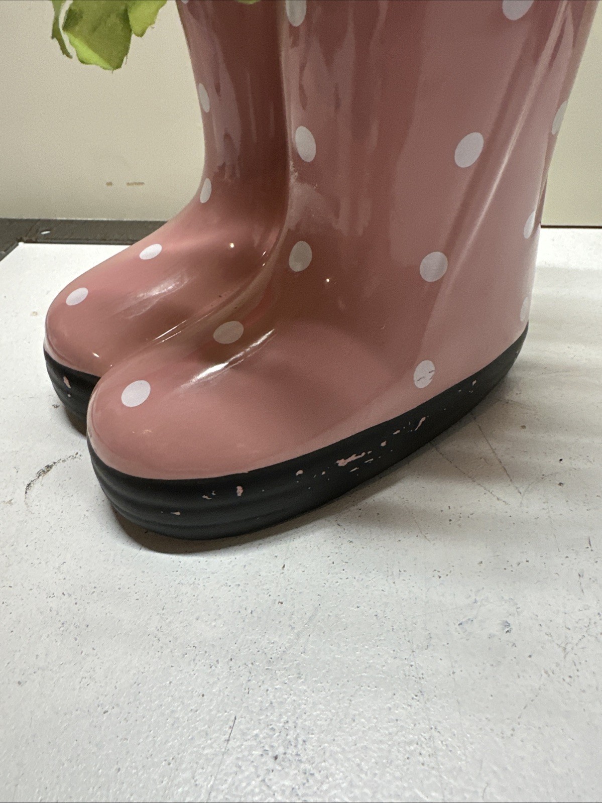 Ceramic Rain Boots In Pink Polk A Dot With Spring Flowers Decor For Springtime