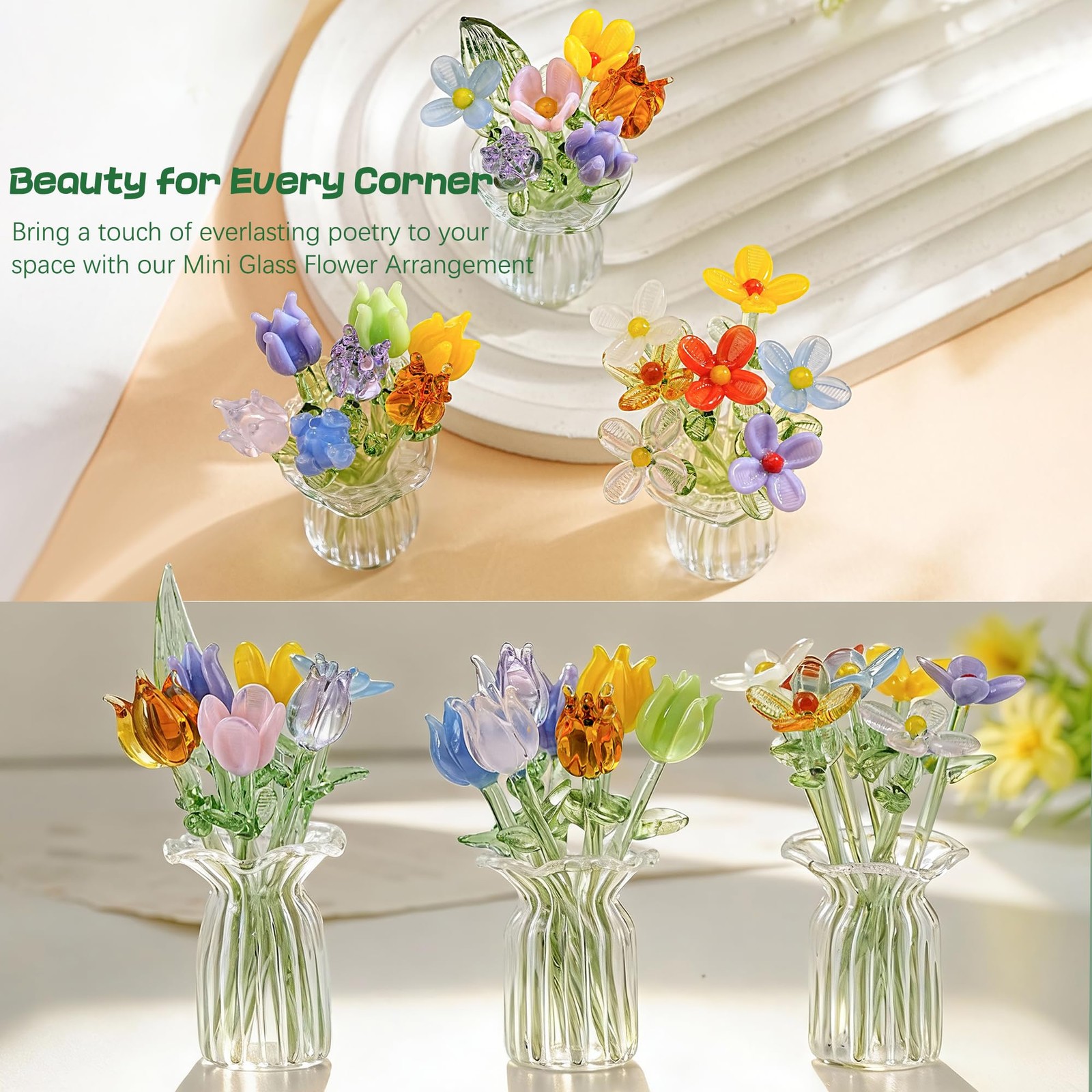 7 Pcs Mini Hand Blown Glass Tulip Artificial Flowers Vase for