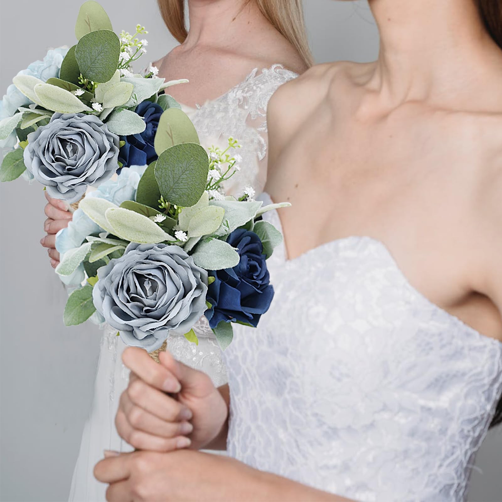 4 PCS 7 Inch Blue Artificial Silk Rose Bridesmaid Wedding Bouquet Set