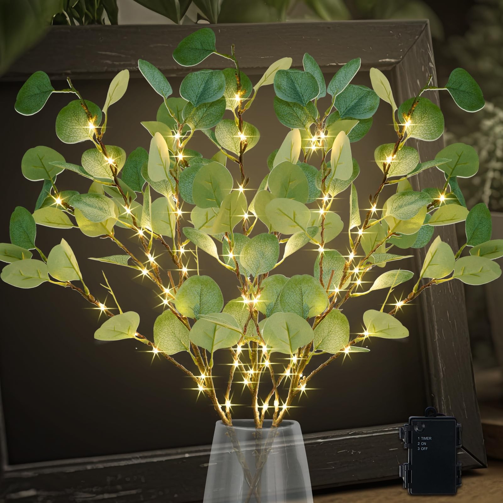 Lighted Artificial Eucalyptus Branches with Timer, Light Up Eucalyptus Branch…