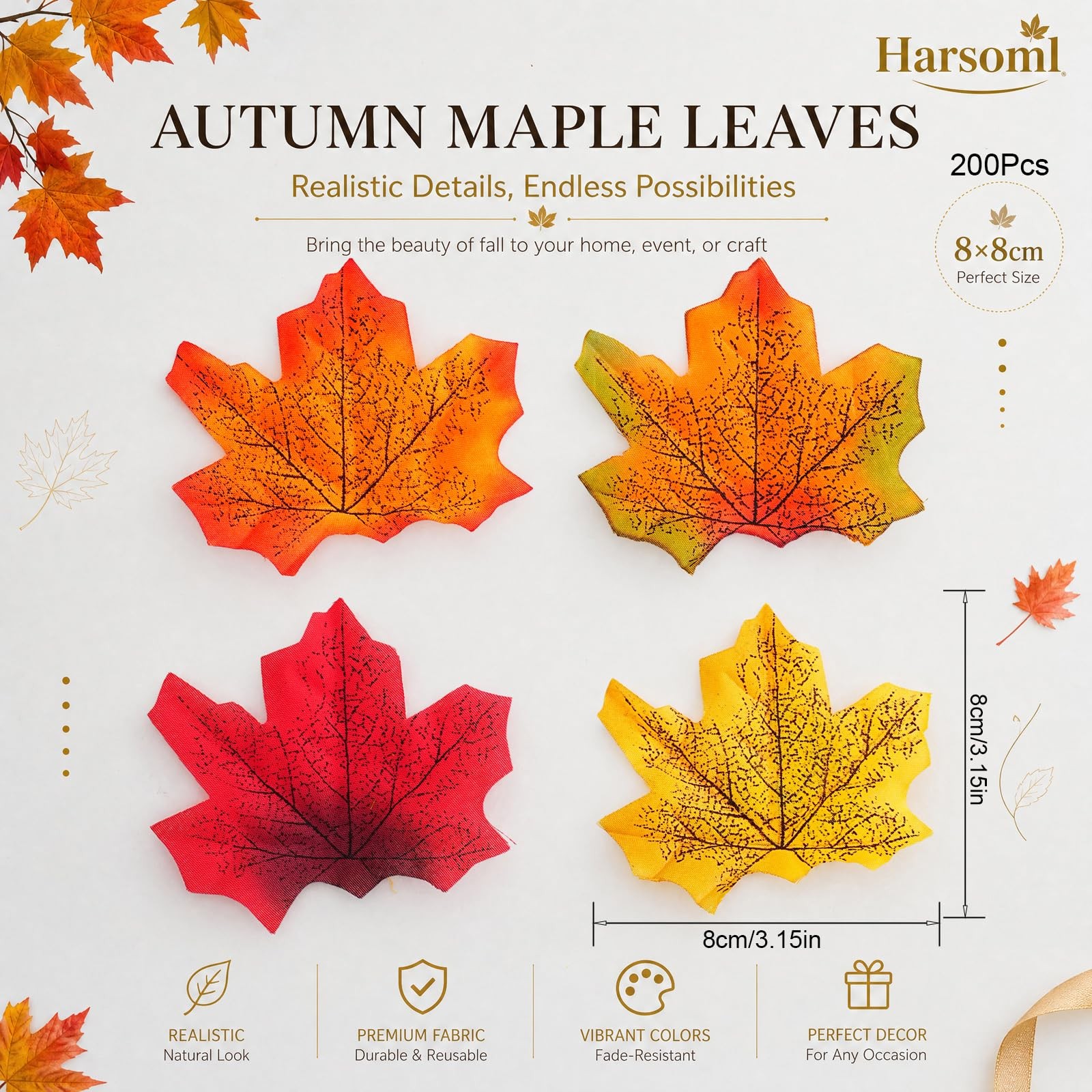 200 Pcs Artificial Maple Leaves for Fall Decor, Mixed 4 Colors