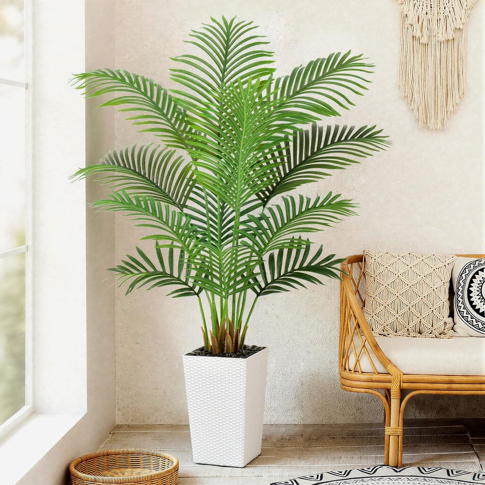 5ft Artificial Palm Tree with White Planter – Tall Fake Palm Tree Indoor Fake…