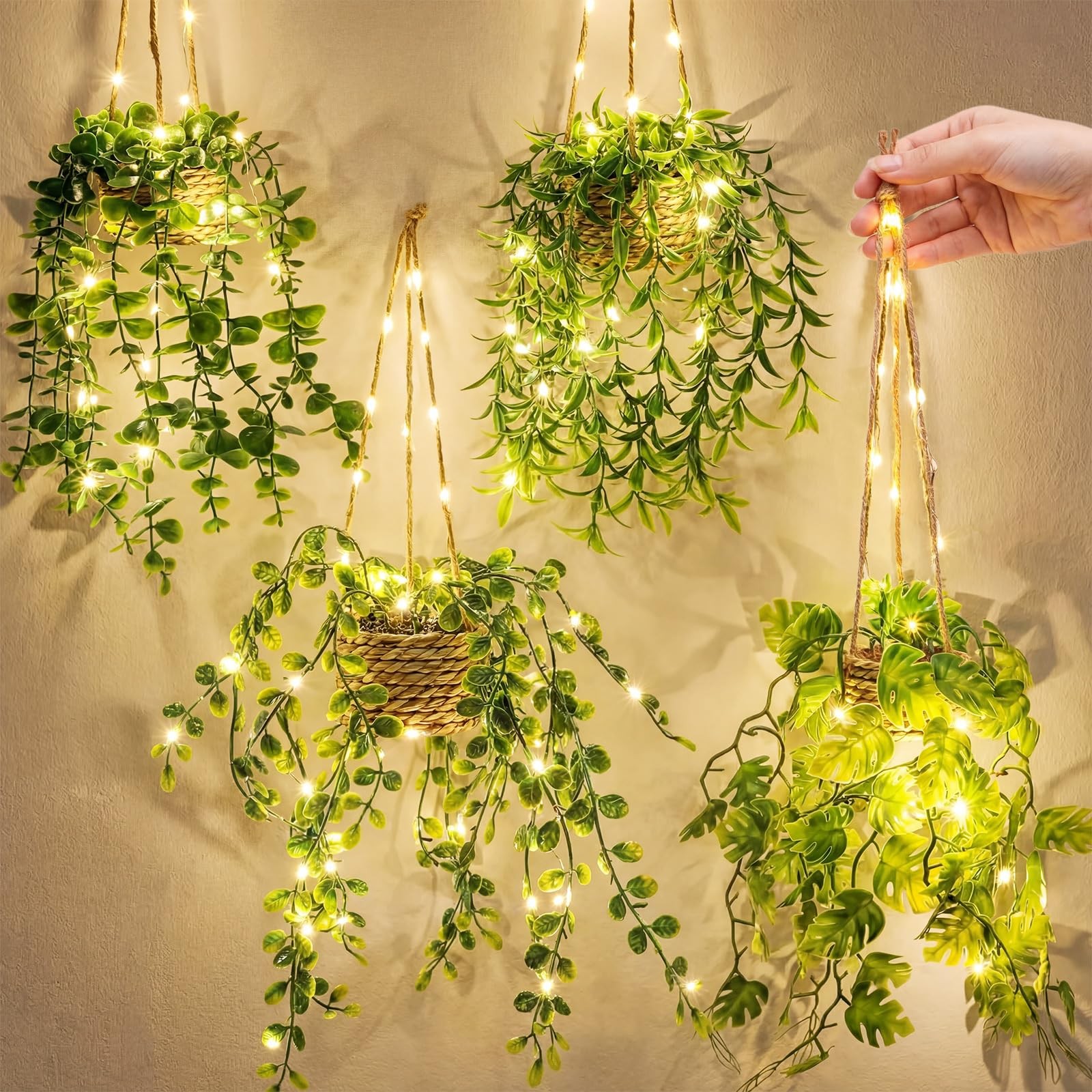 4 Set Mini Fake Hanging Plants in Basket with Lights Artificial Hanging Vines…
