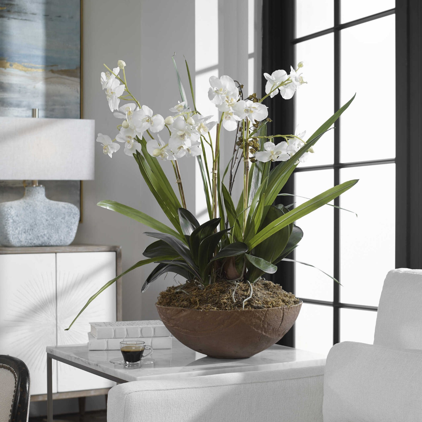 UTTERMOST 60039 MOTH ORCHID PLANTER MIXED FOLIAGE HAND-PAINTED BROWN DISH