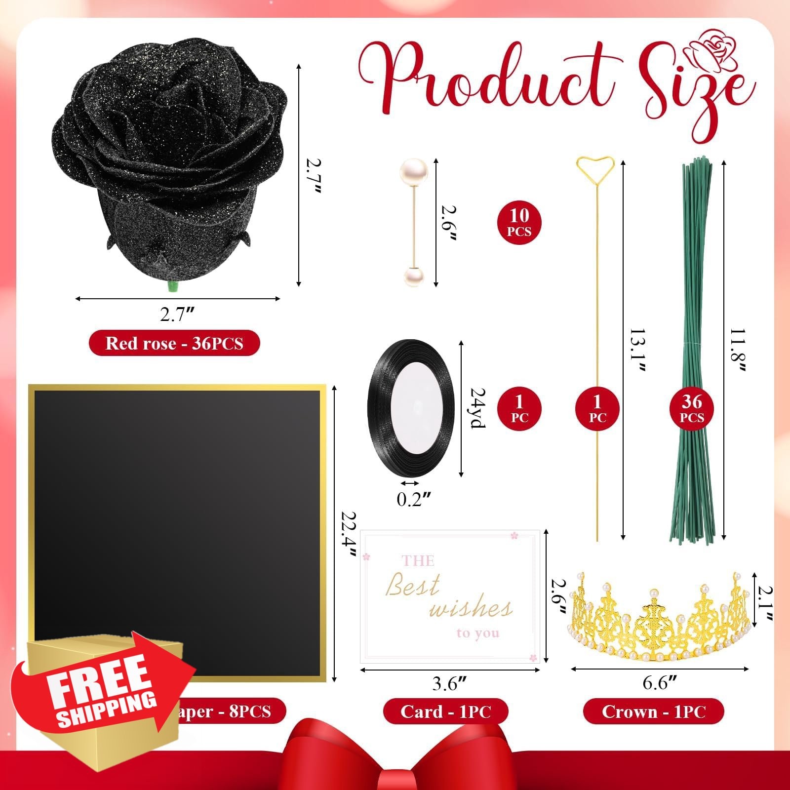 TLY Black Glitter Roses Bouquet 36pc Artificial Flowers DIY Gift