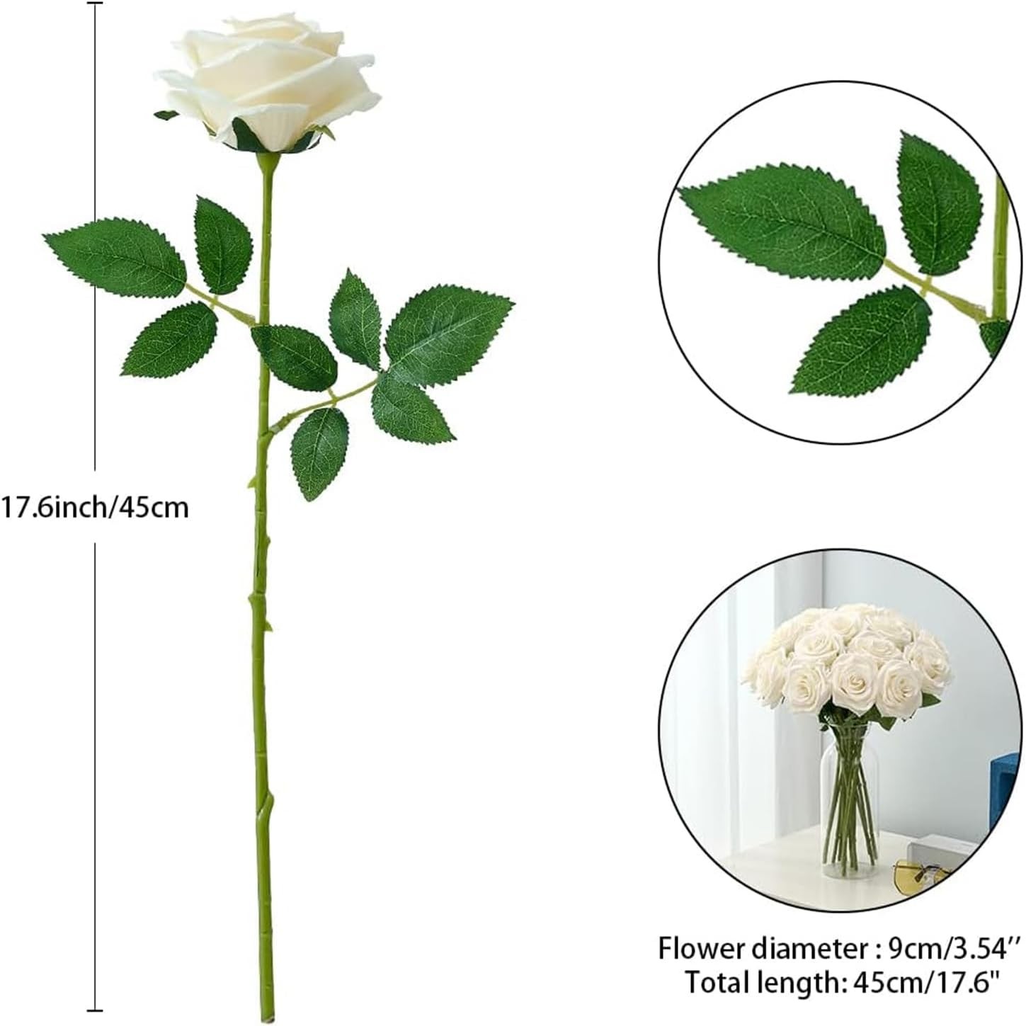 100 Pcs White Rose Artificial Flowers Bulk Ivory Silk Fake Roses with Long Stem