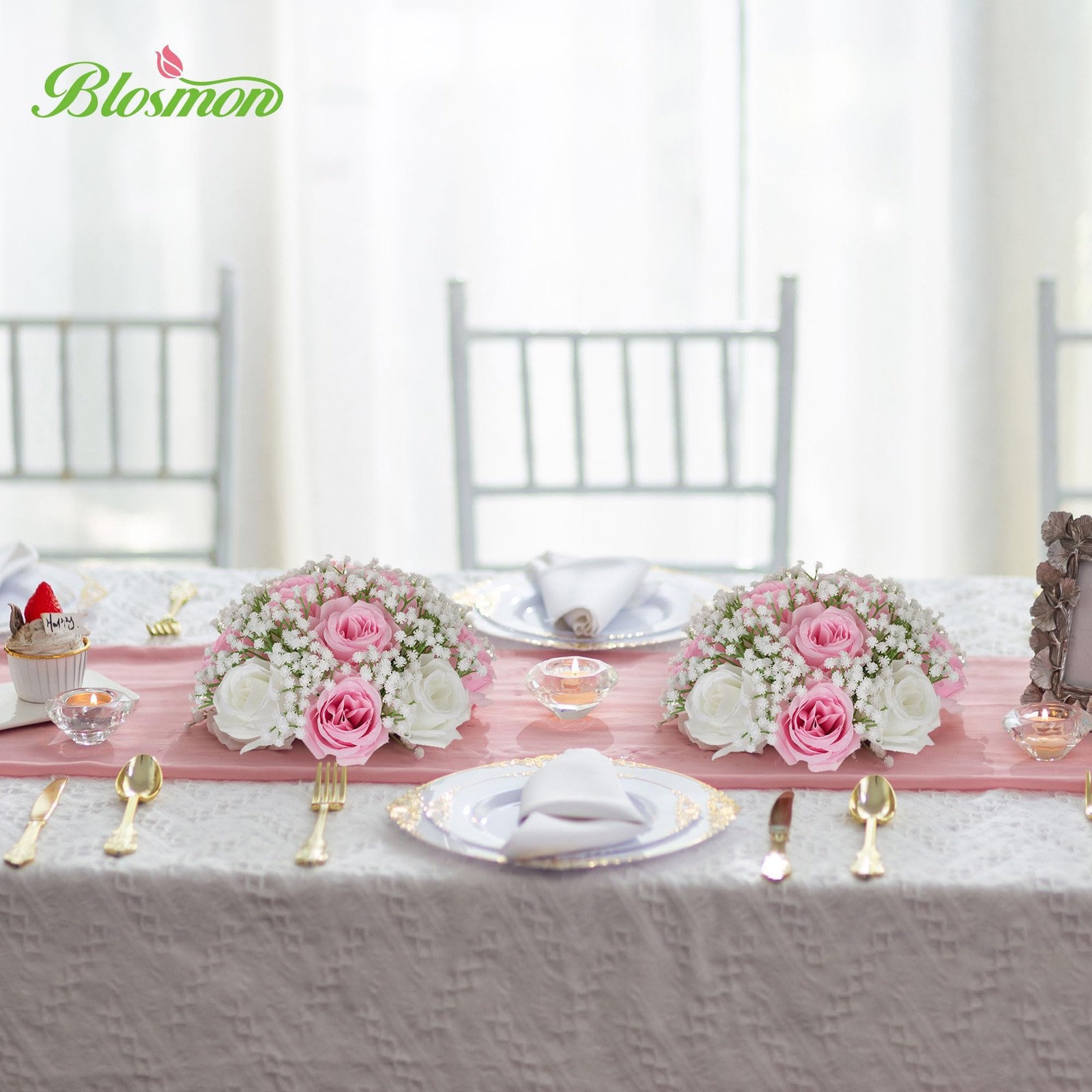 2 PCS Fake Pink Rose Baby’s Breath Artificial Flower Ball Centerpieces For Table