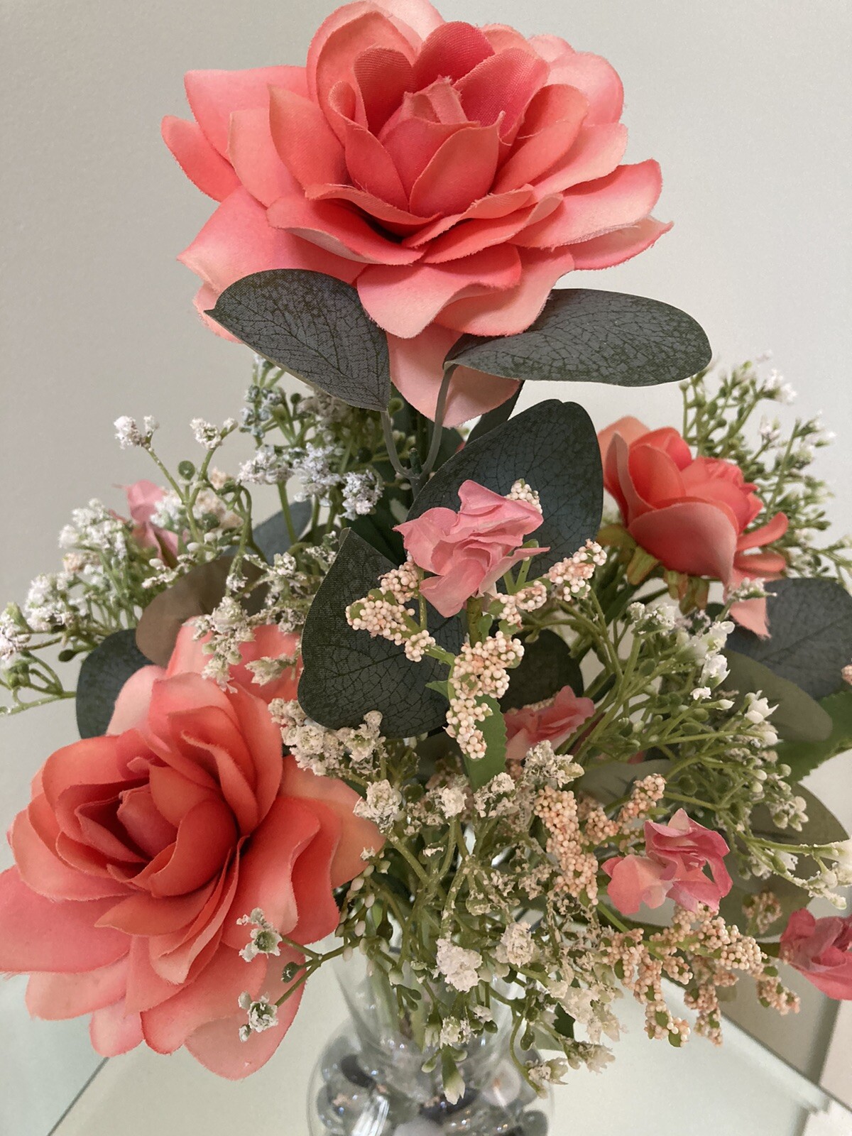 Artificial Floral Arrangement peach &white,glass vase,faux water w/marble.16×11