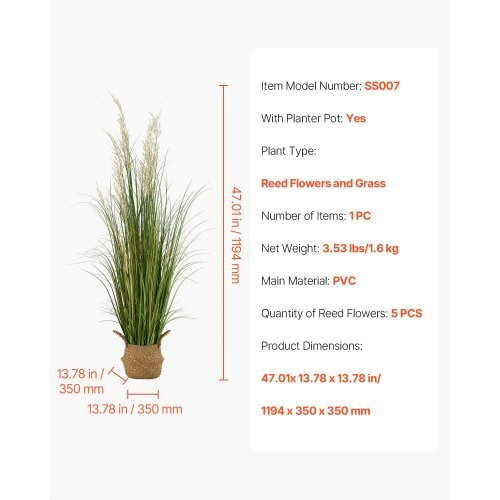 Artificial Grass Plant, 47 inch Reed Flower Grass in Pot, Premium PVC Faux Fake
