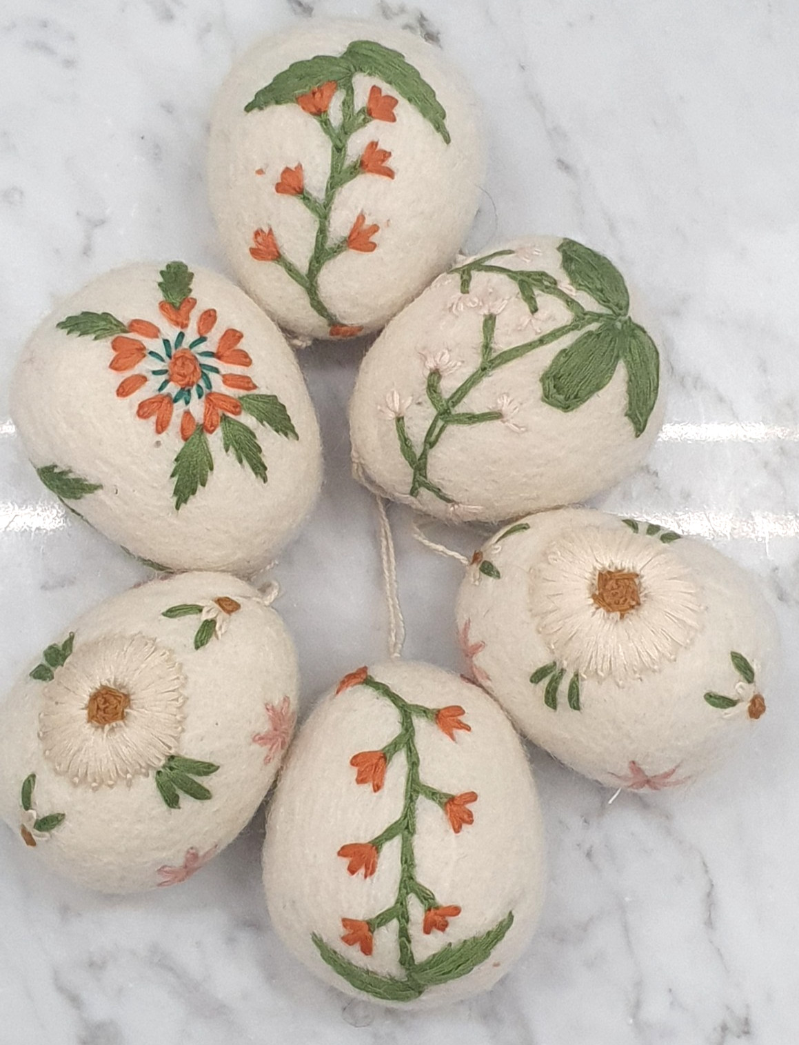 6 Cottage Core Farmhouse Chic Boiled Wool Eggs Embroidered Flowers Basket Decor