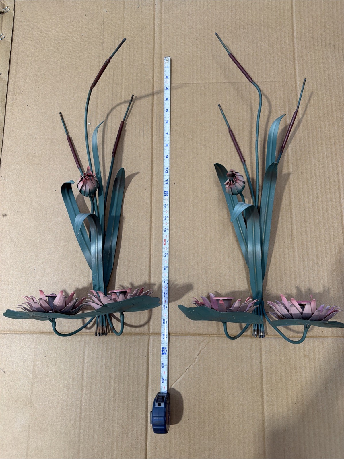 Vtg METAL CATTAIL LOTUS SCONCE & IRIS WALL ART MCM TOLEWARE 3 Pieces