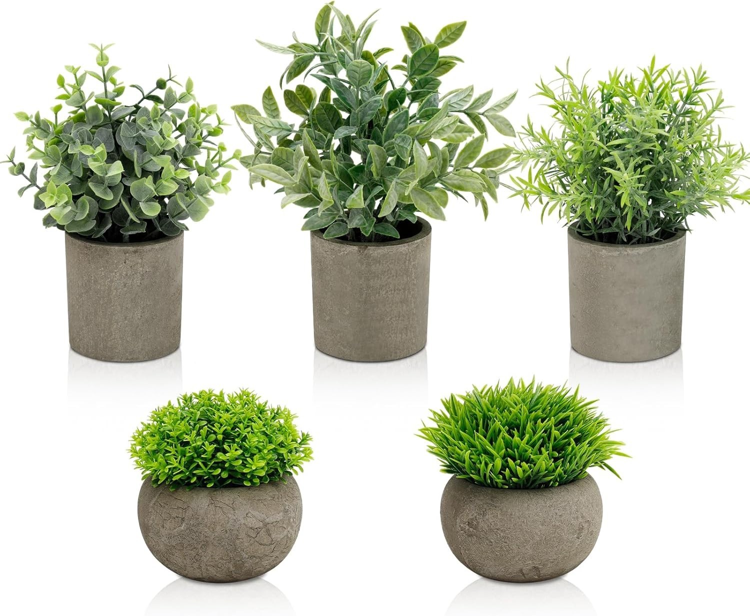 Chic Round Leaf & Grass Artificial Plants – 5 Potted Greenery for Office or Home