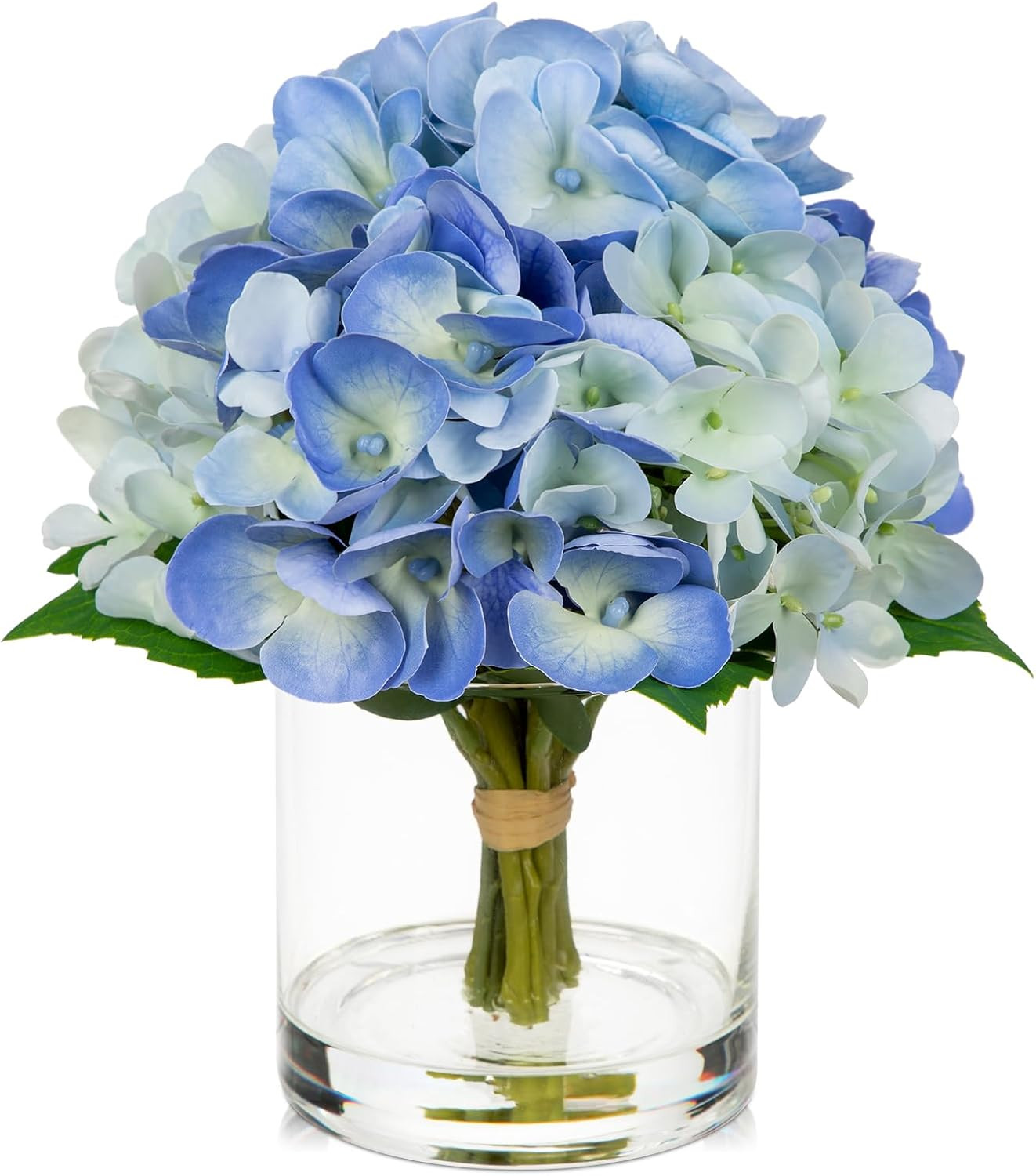 Real Touch Blue Hydrangea Artificial Flowers in Glass Vase for Home Decor